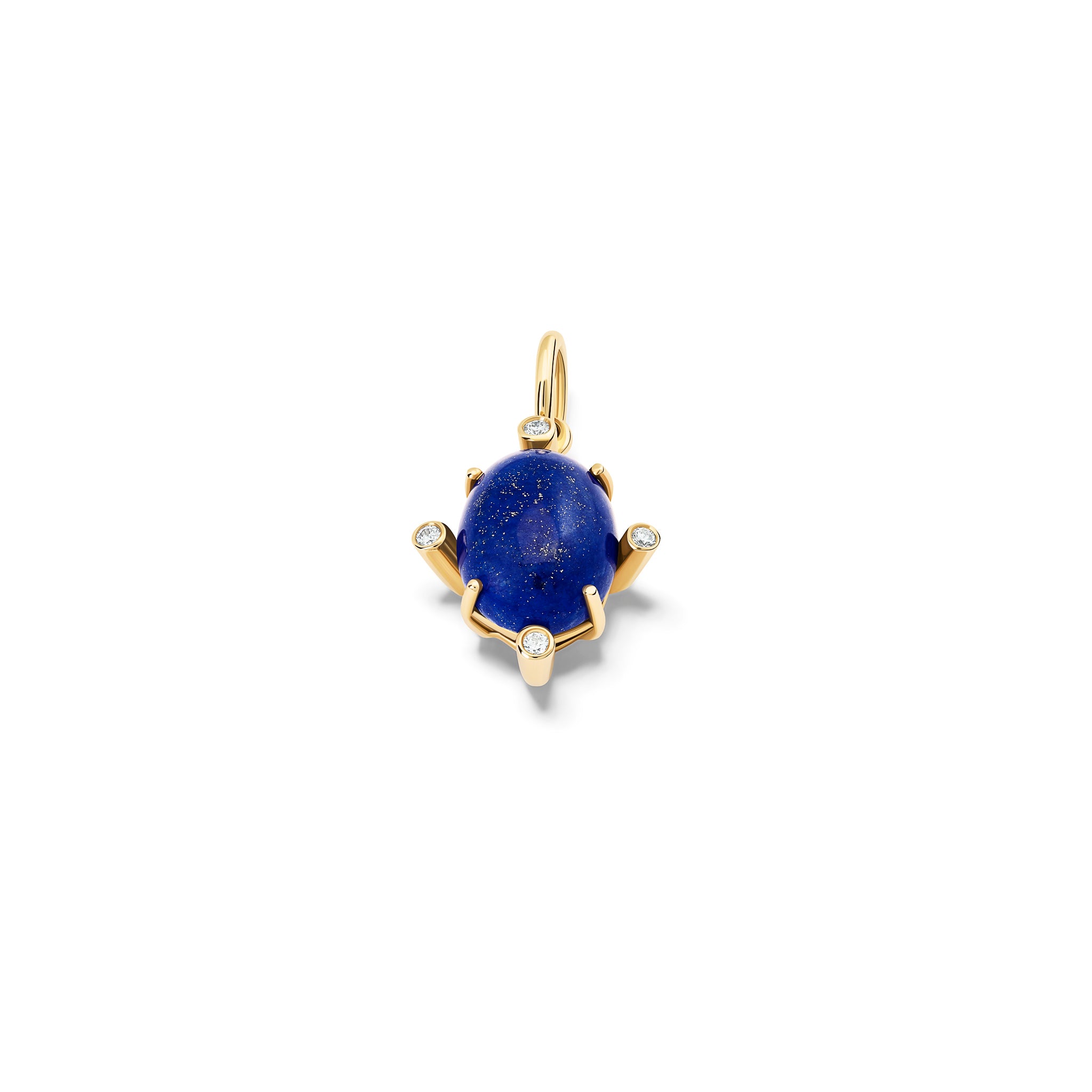 Handcrafted 9ct yellow gold pendant with oval blue lapis lazuli gemstone set with four round diamonds.