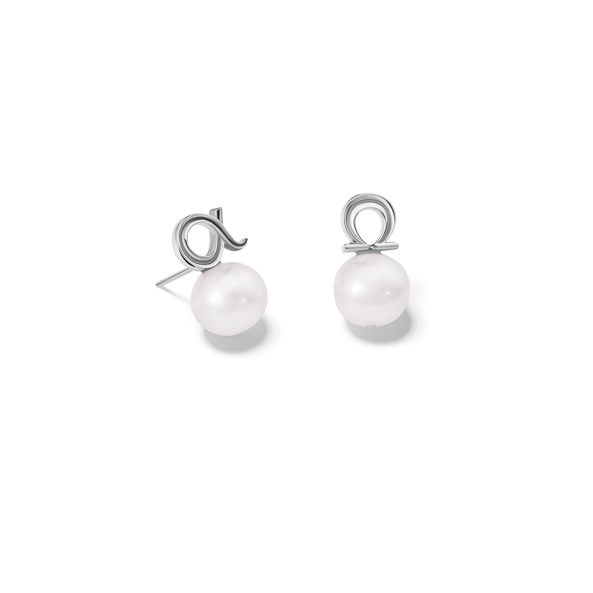 Handcrafted silver pair of studs : one stud is the shaped of alpha Greek letter and the other omega letter. Both with white pearl bead.