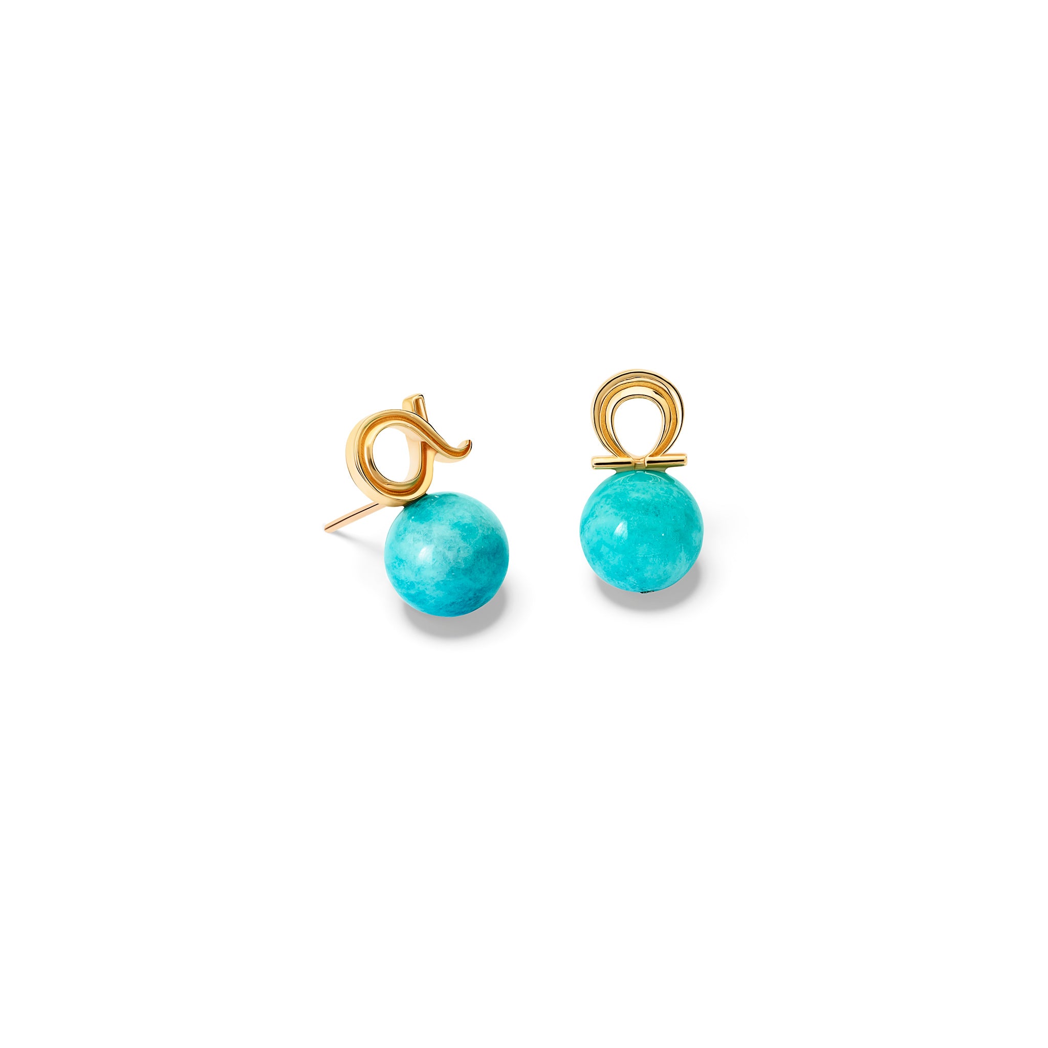 Handcrafted 9ct yellow gold pair of studs : one stud is the shaped of alpha Greek letter and the other omega letter. Both with blue amazonite bead.