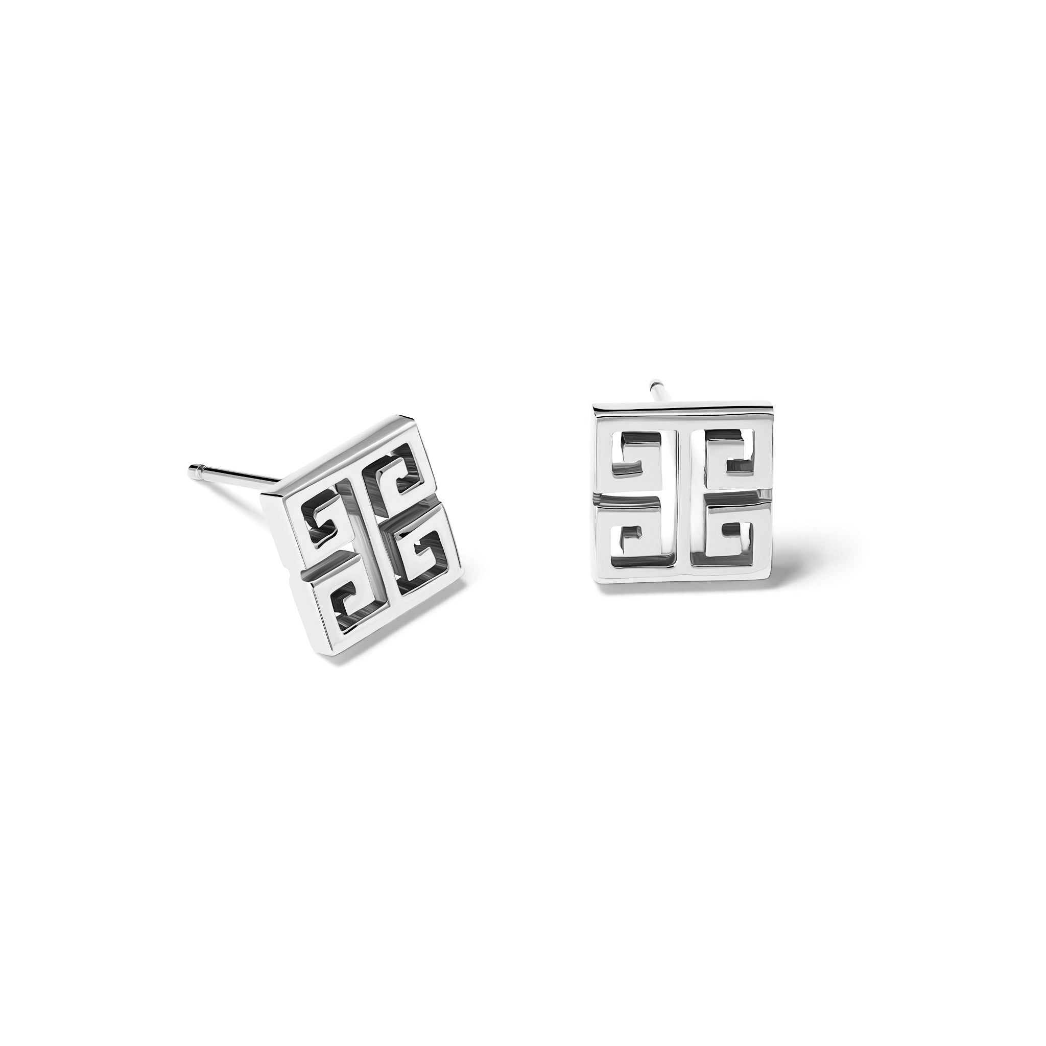 Handcrafted sterling silver square stud earring with iconic symmetrical Greek motif.