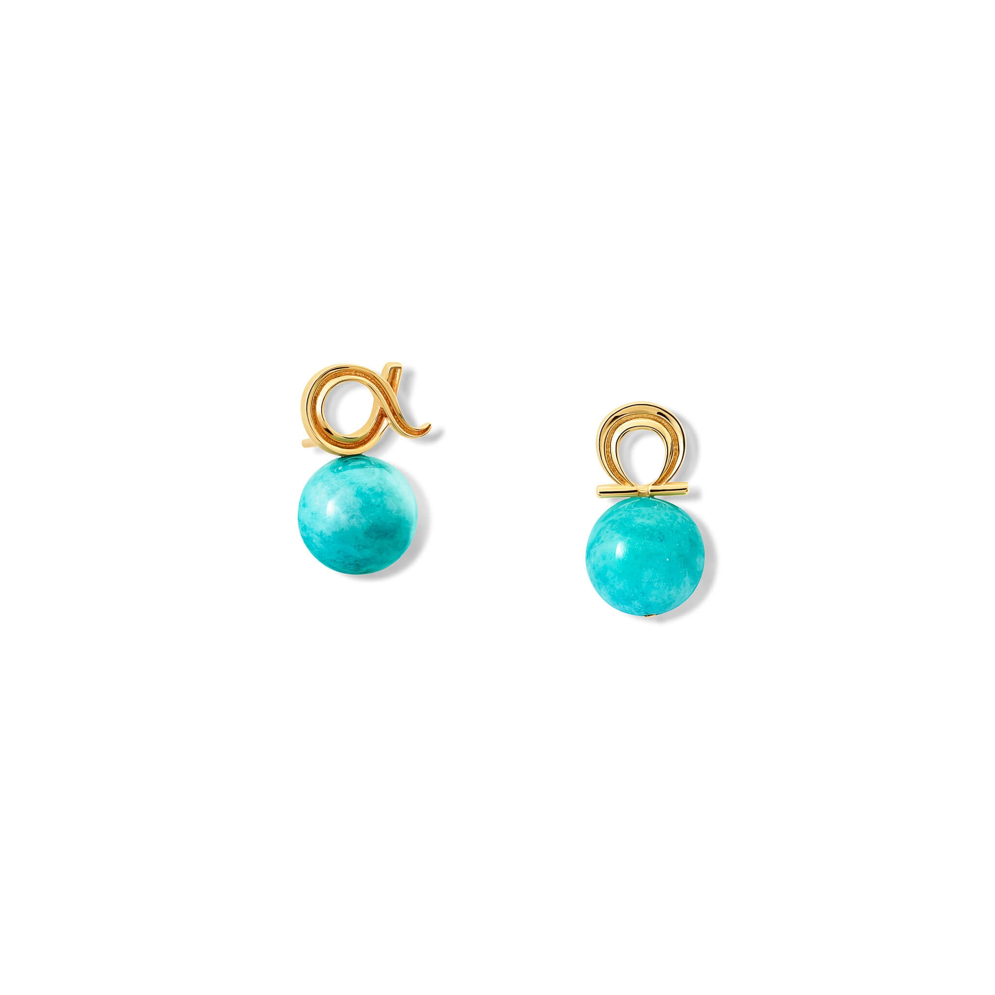 Handcrafted 9ct yellow gold pair of studs : one stud is the shaped of alpha Greek letter and the other omega letter. Both with blue amazonite bead.