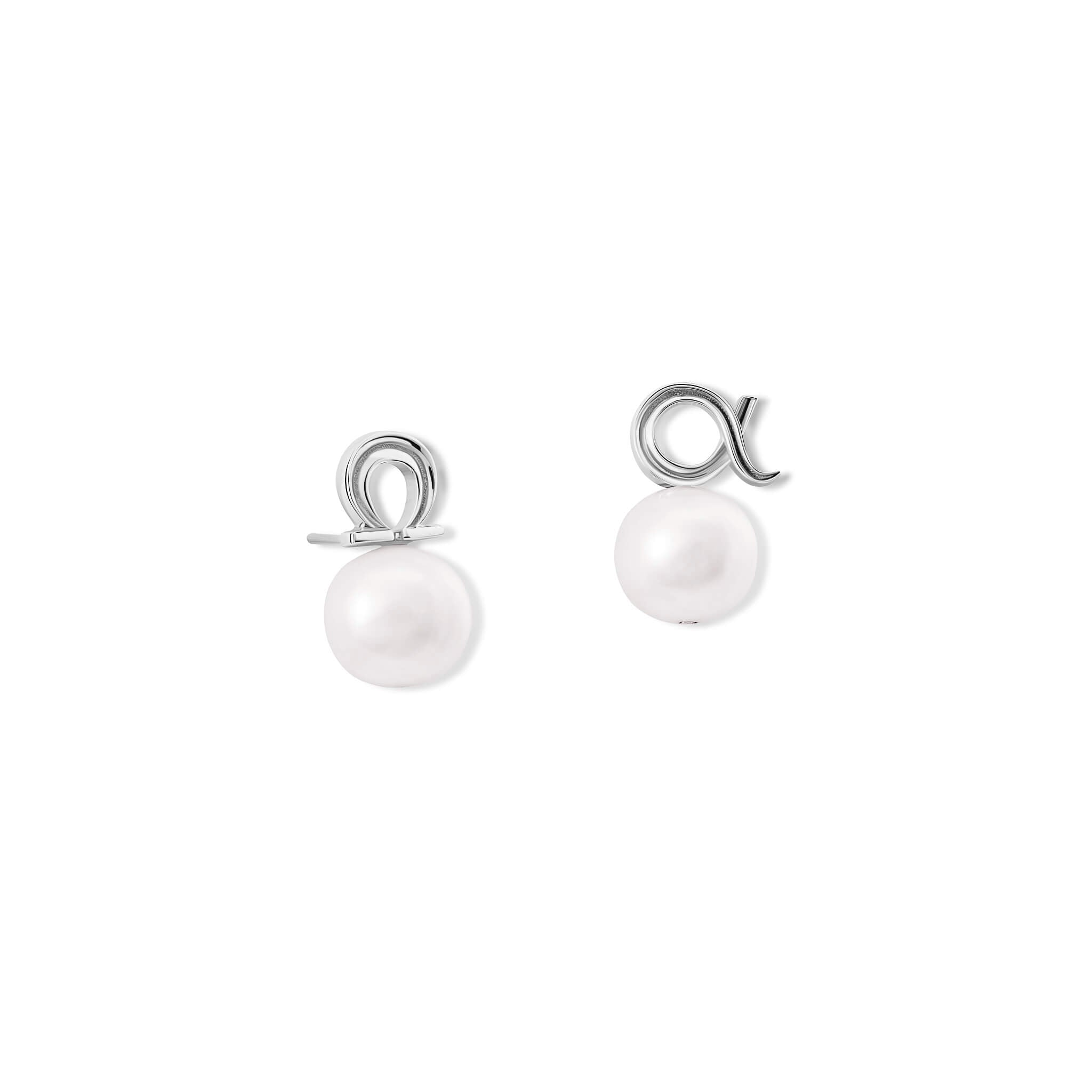Handcrafted silver pair of studs : one stud is the shaped of alpha Greek letter and the other omega letter. Both with white pearl bead.