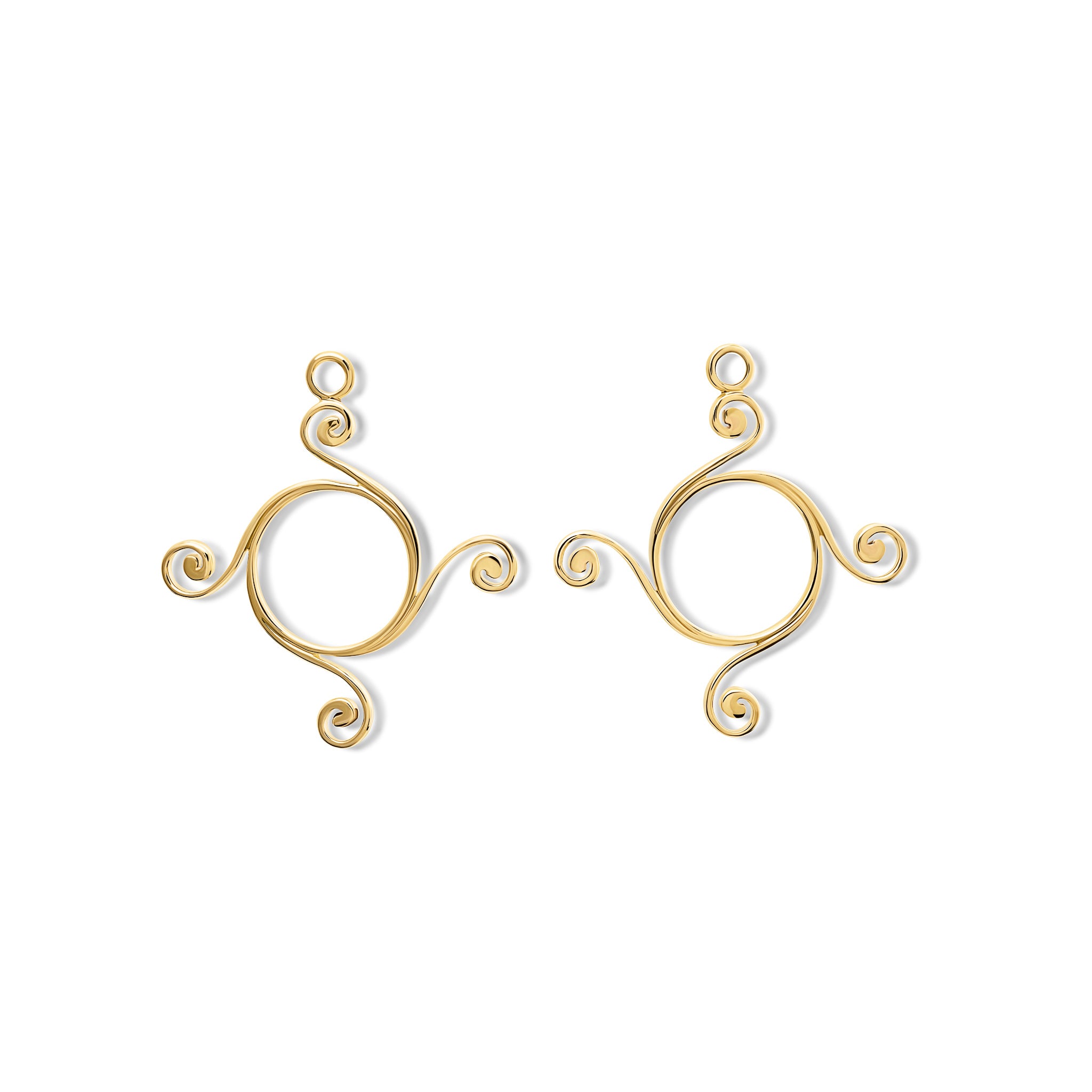 Handcrafted 9ct yellow gold earring drops with a circular shape and spiral at four points.