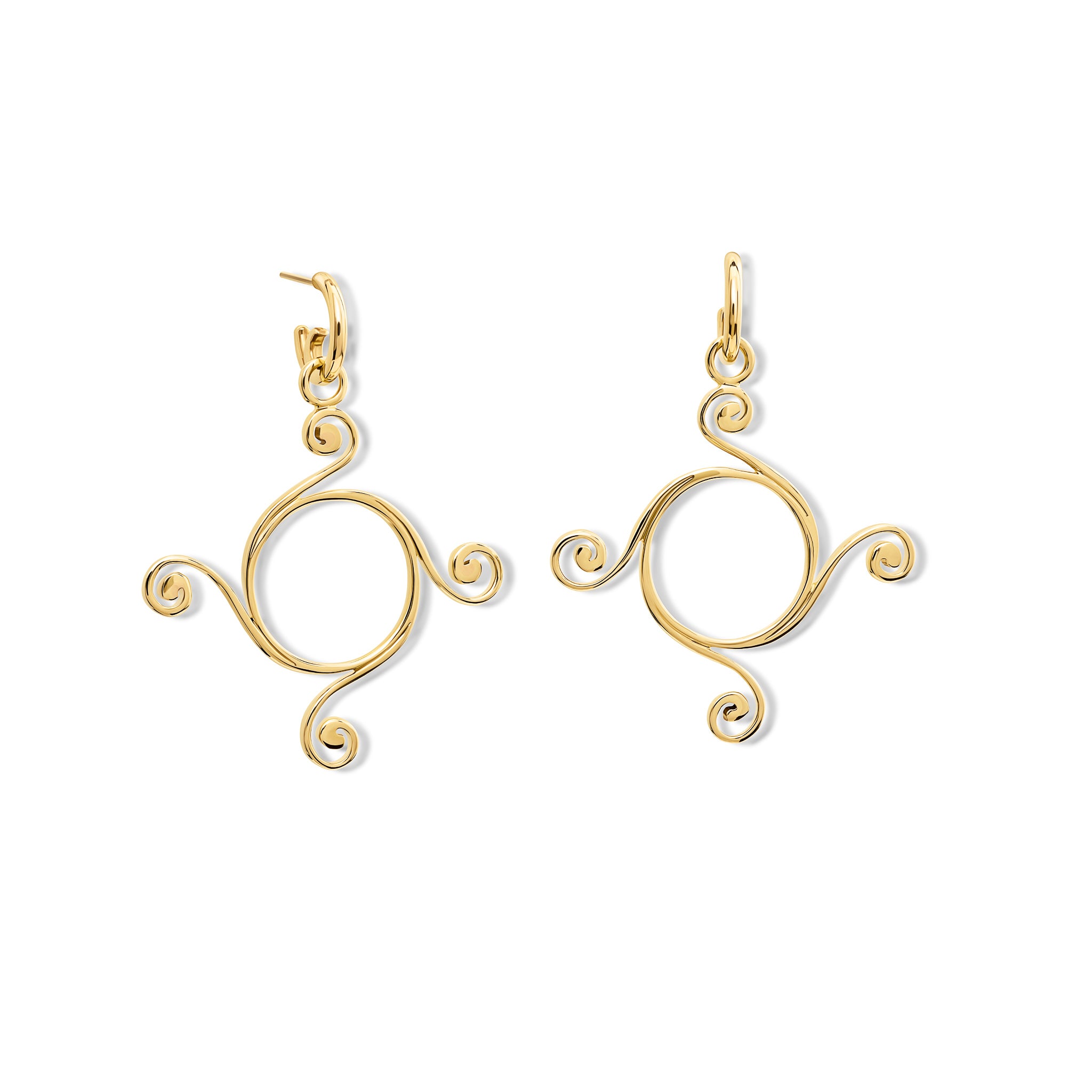 Handcrafted 9ct yellow gold earring drops with a circular shape and spiral at four points, hanging from hoop earrings.