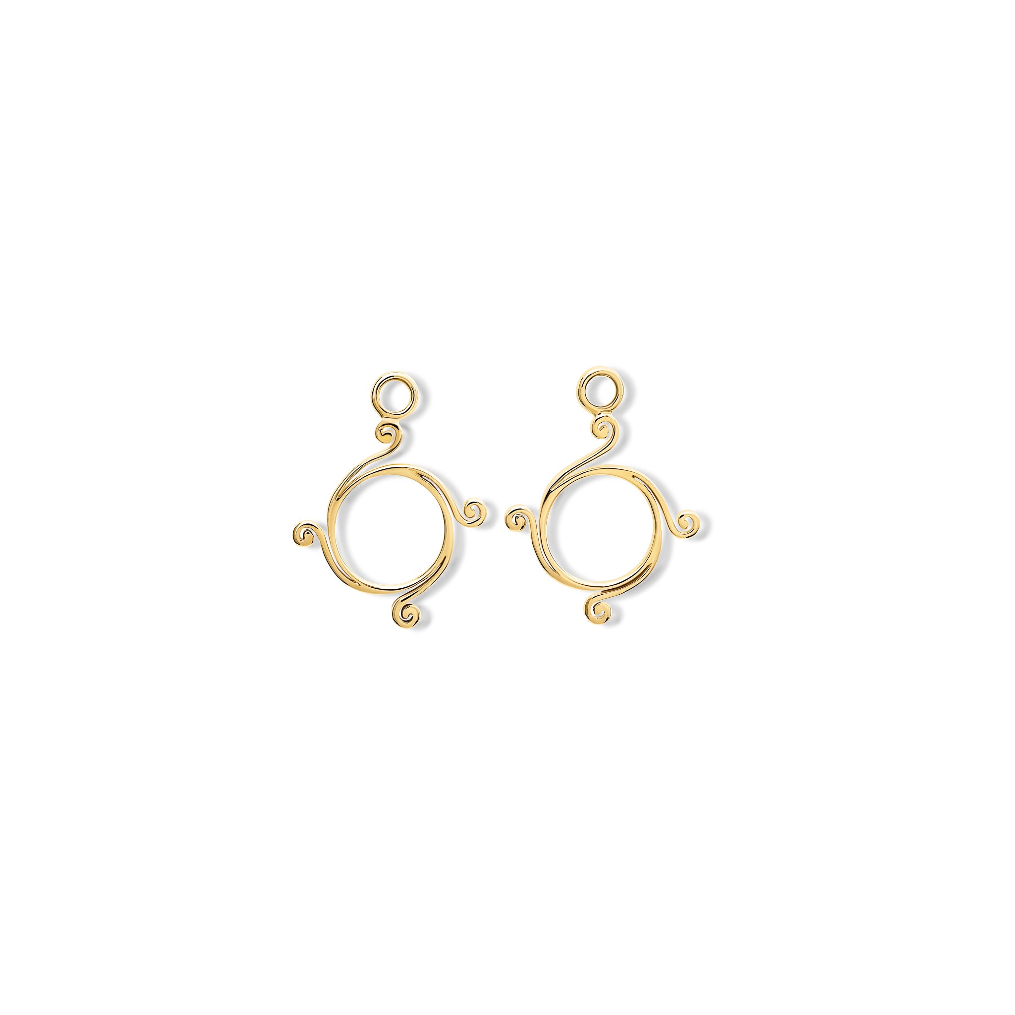Handcrafted 9ct yellow gold earring drops with a circular shape and spiral at four points, hanging on hoop earrings.