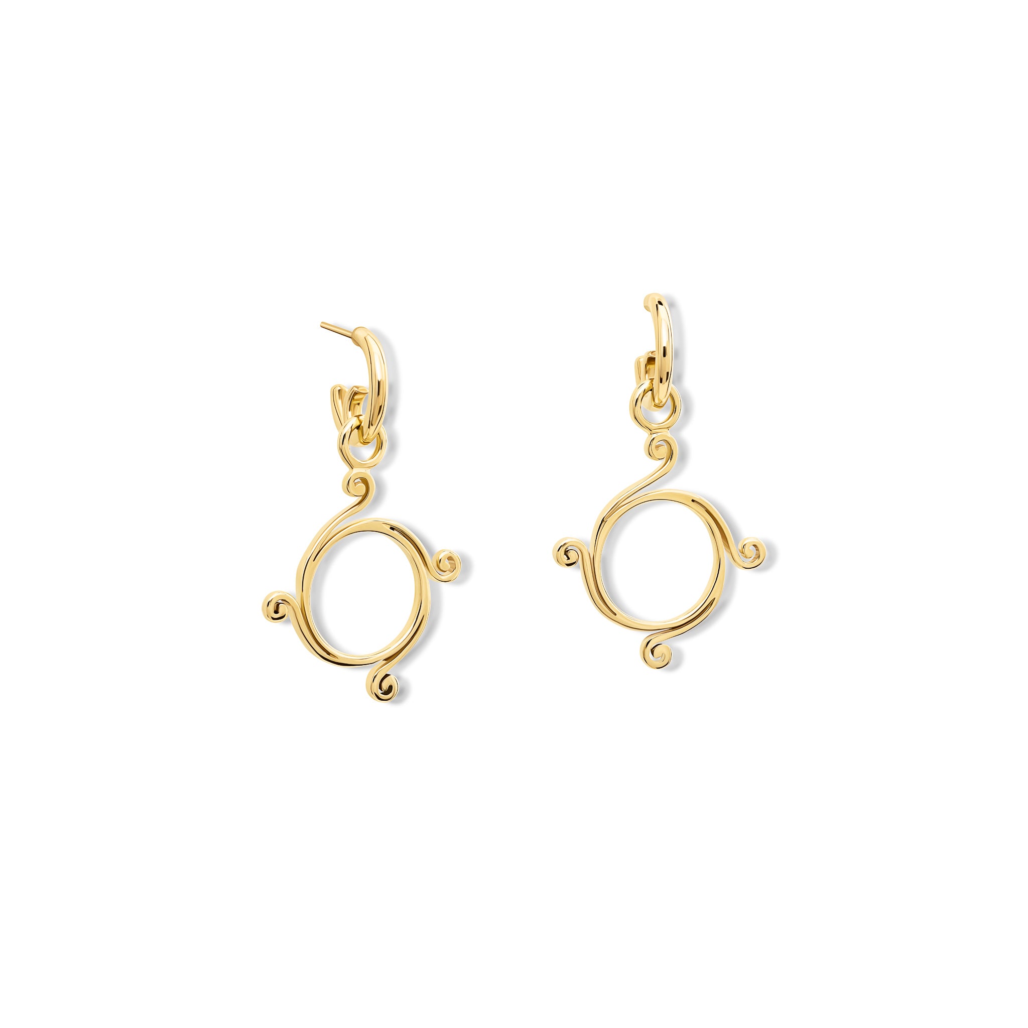 Handcrafted 9ct yellow gold earring drops with a circular shape and spiral at four points, hanging on hoop earrings.