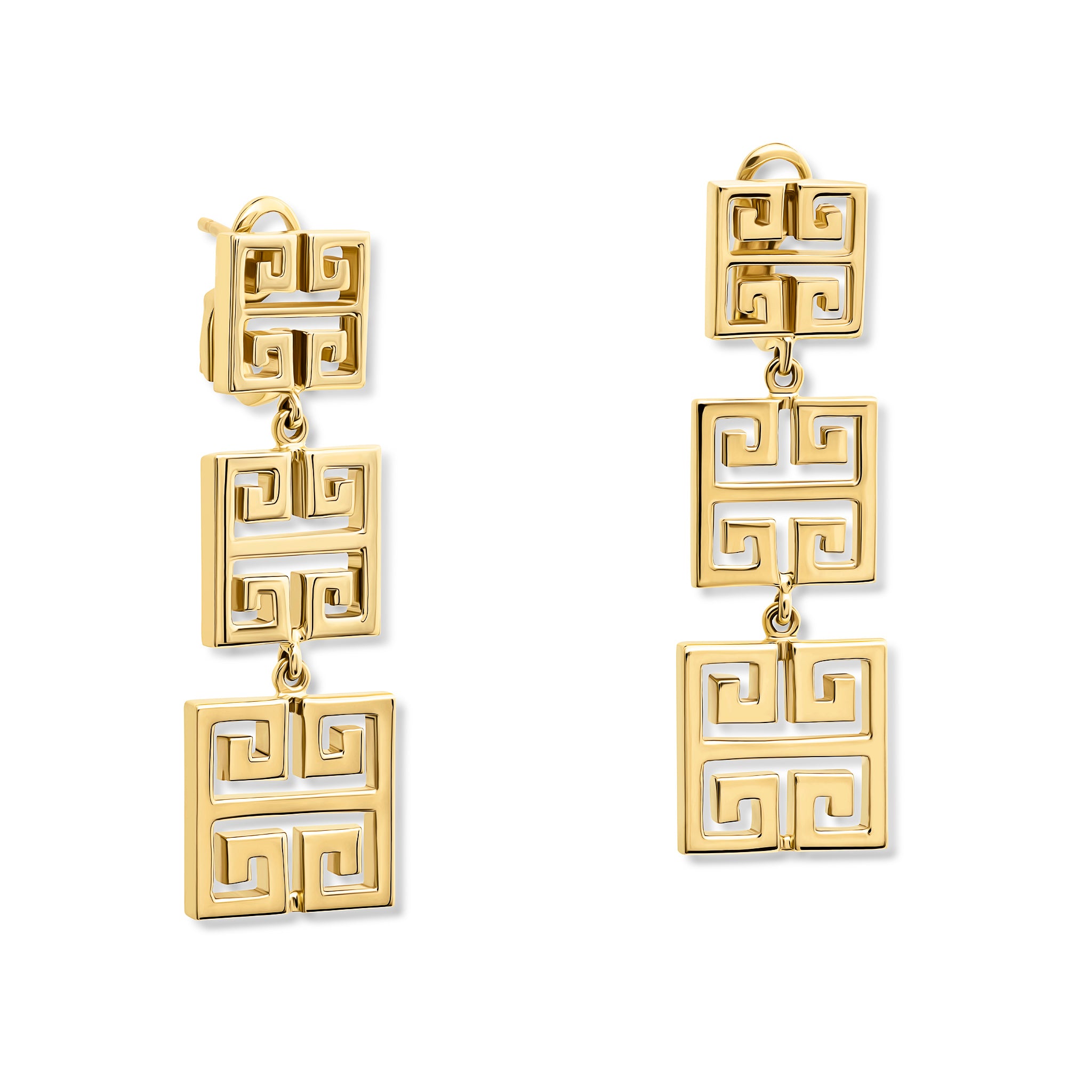 Handcrafted 9ct yellow gold mixed triple earring with square shapes drops with iconic symmetrical Greek motif.