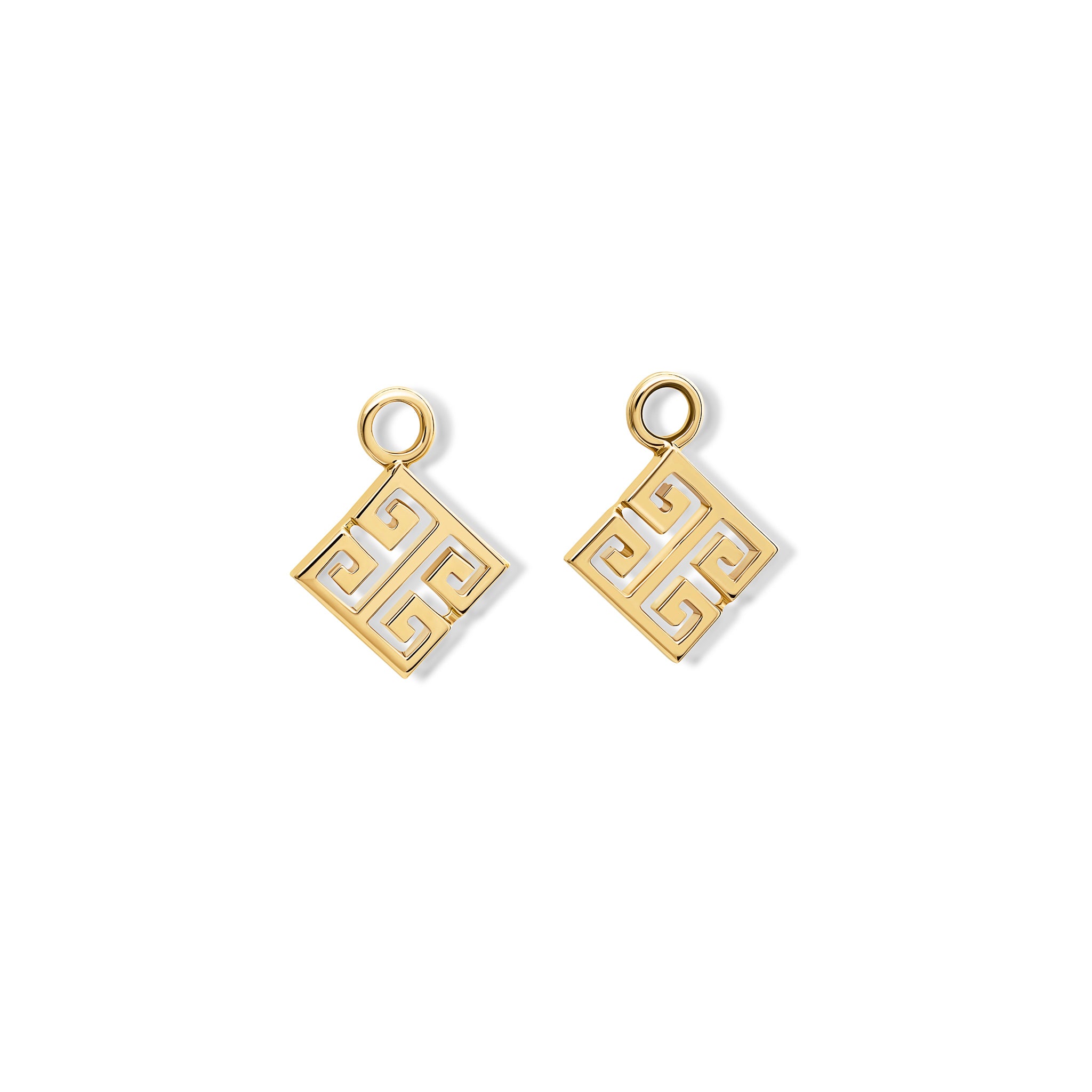 Handcrafted 9ct yellow gold square earring drops with iconic symmetrical Greek motif.