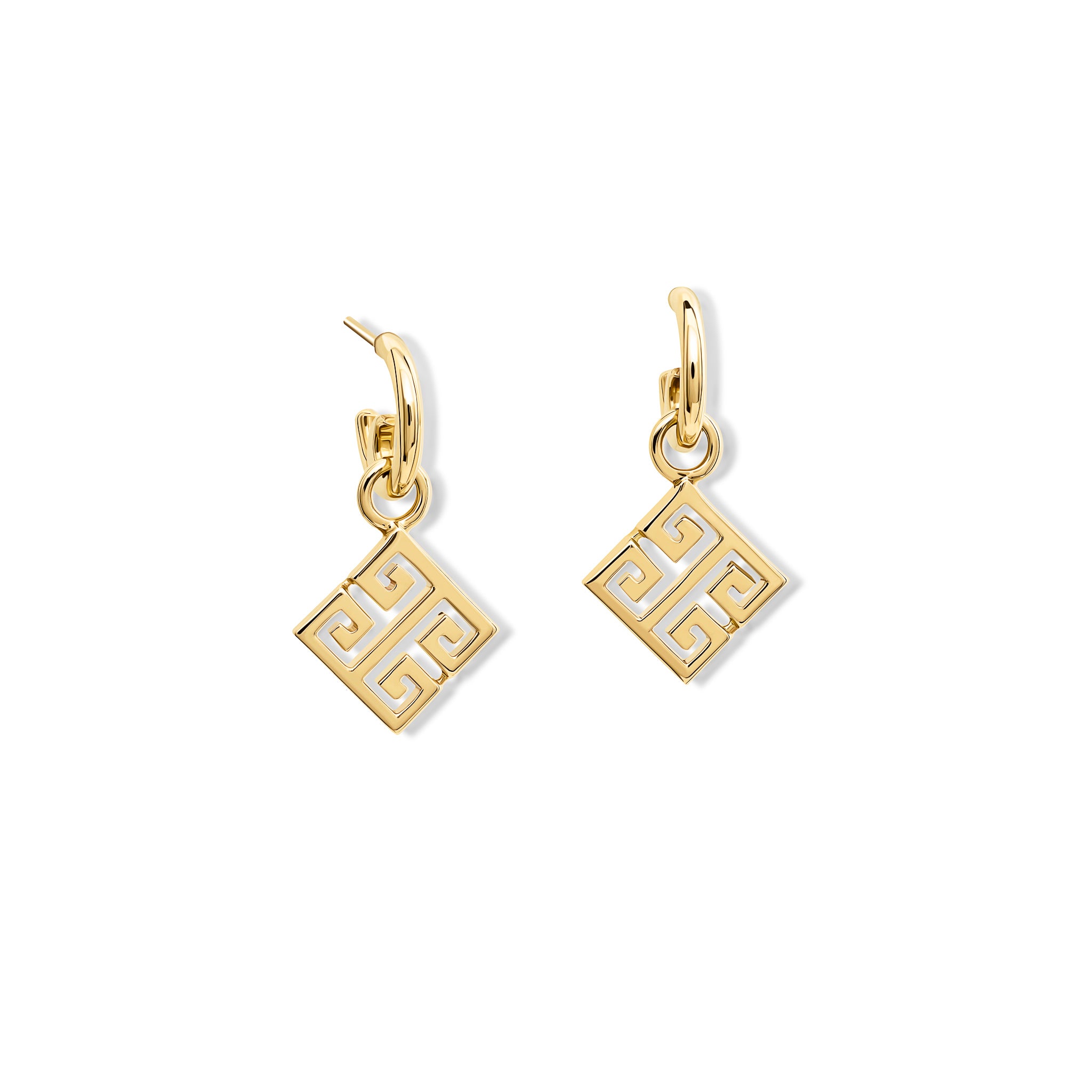 Handcrafted 9ct yellow gold square earring drops with iconic symmetrical Greek motif, hanging from hoop earring.