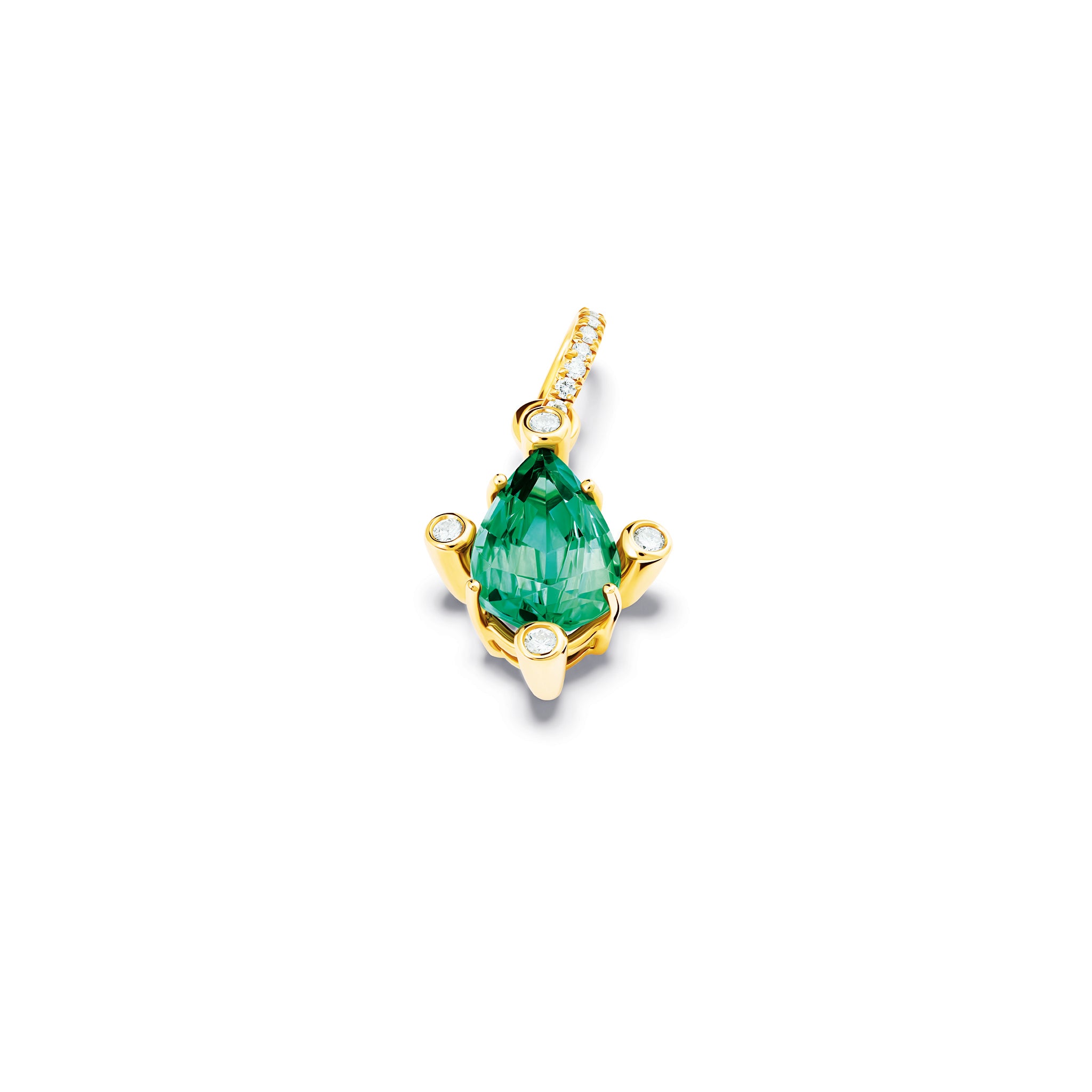 Handcrafted 18ct yellow gold pendant with pear facetted green gemstone set with four diamonds.