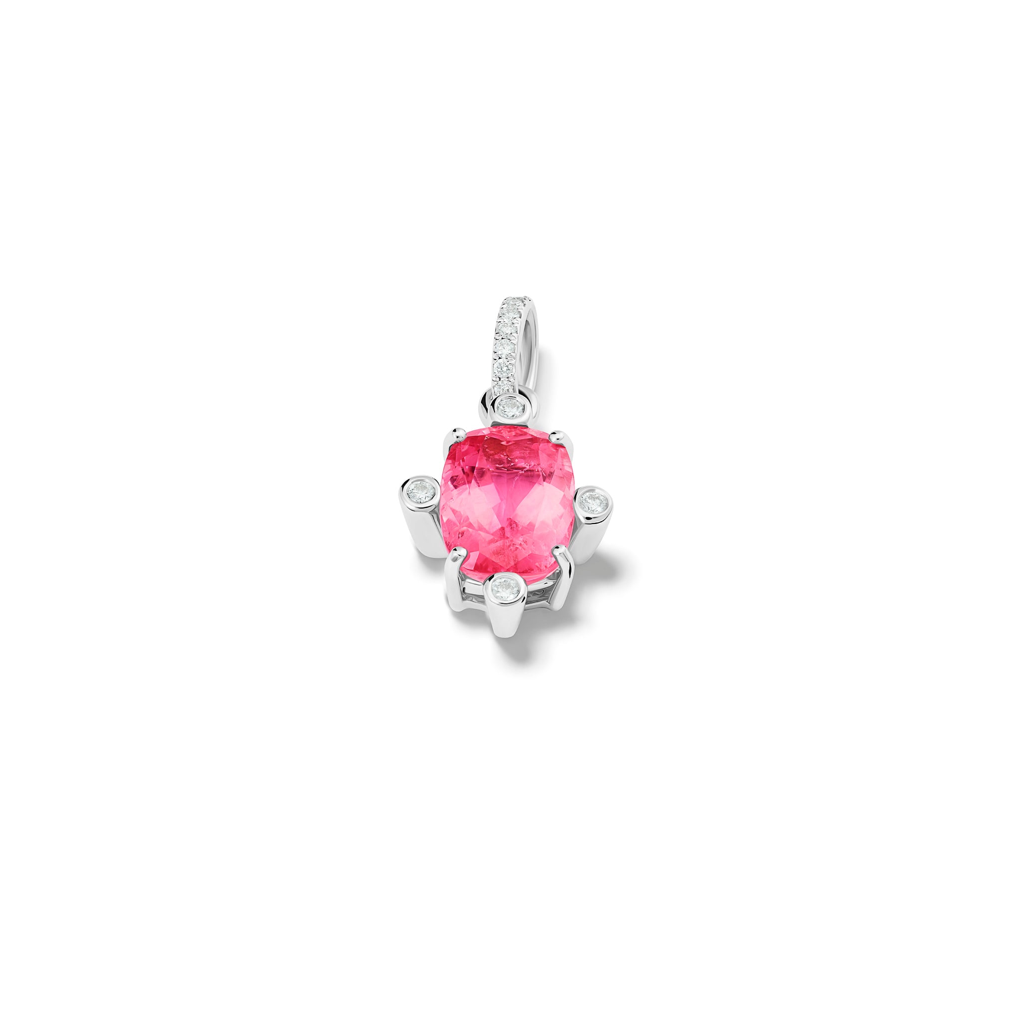 Handcrafted 18ct white gold pendant with pear facetted pink gemstone set with four diamonds. On a white gold diamond pav� loop.