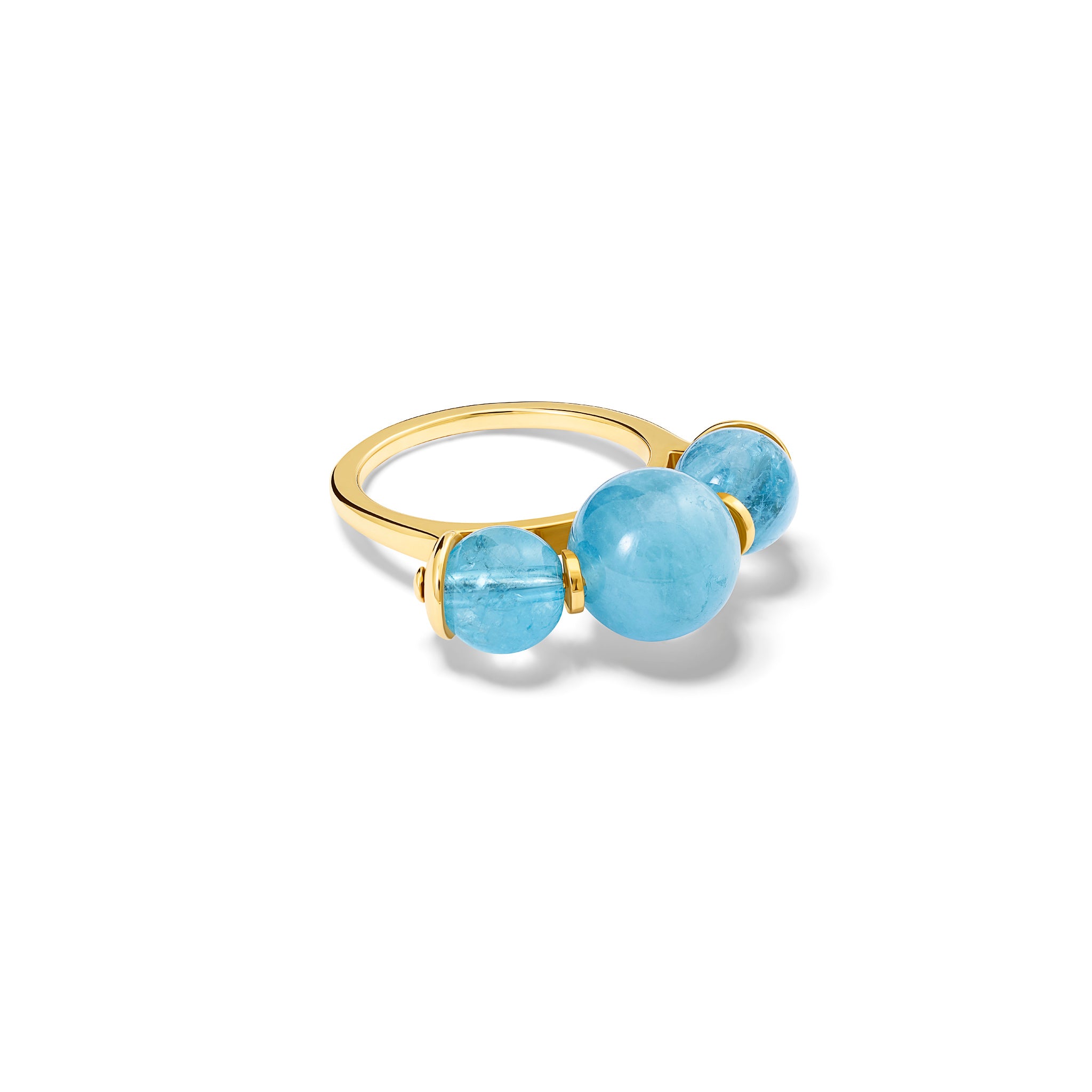 Handcrafted 9ct gold ring featuring three aquamarine round beads.