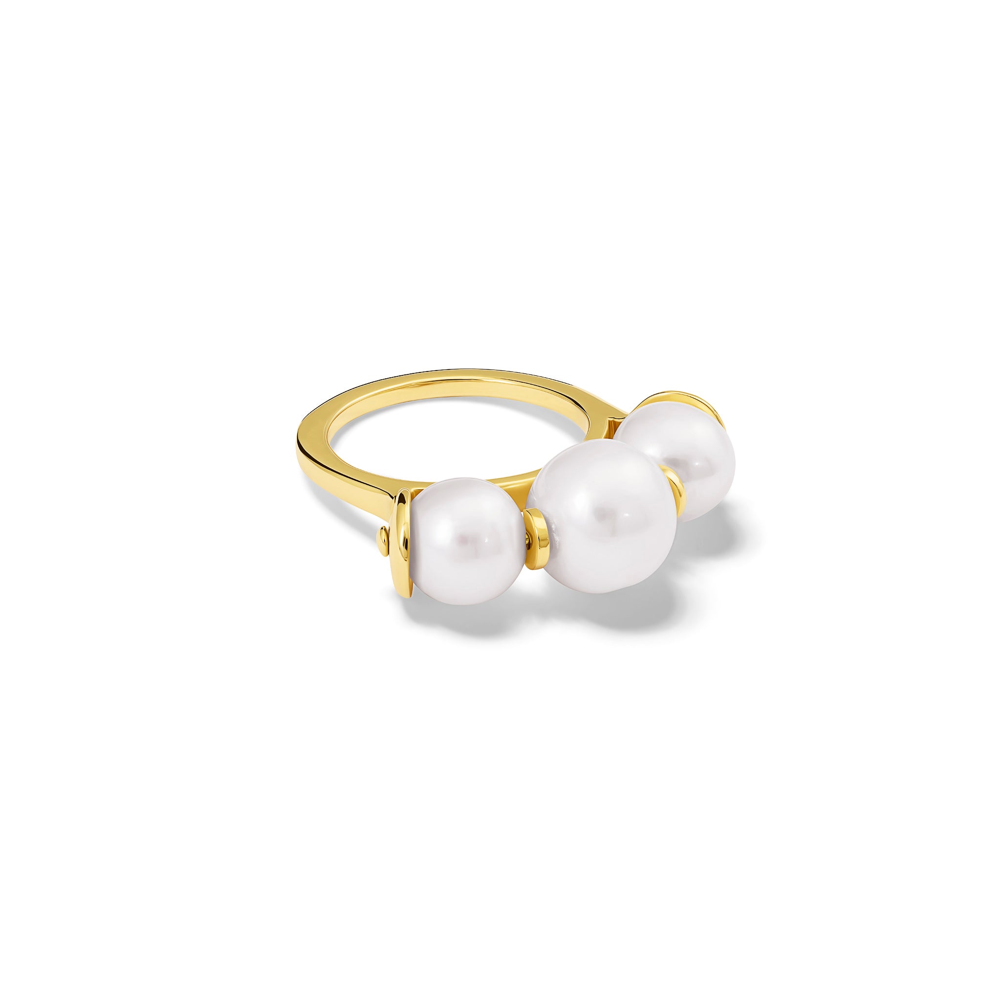 Handcrafted 9ct gold ring featuring three white pearl beads.