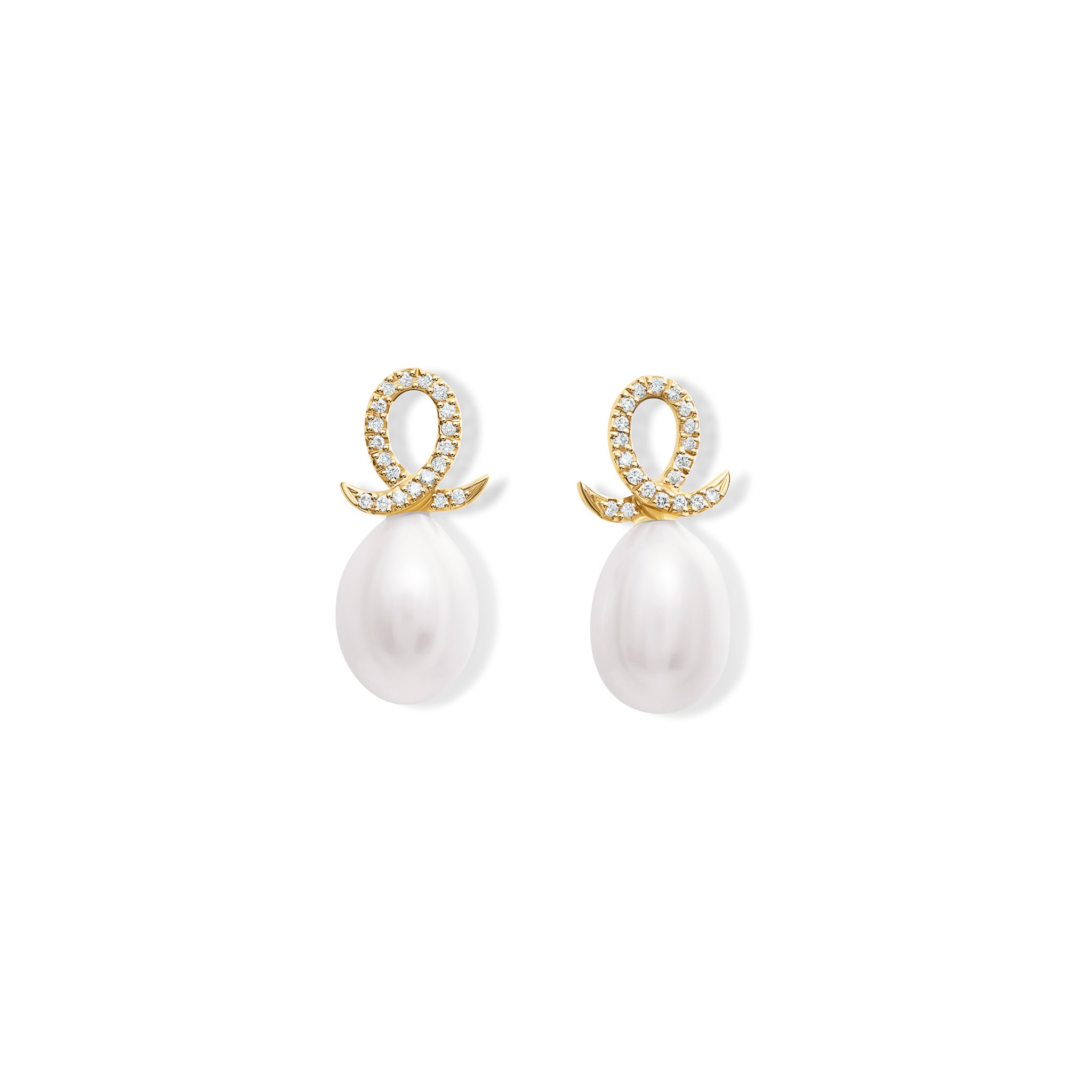 Handcrafted 18ct yellow gold earring drops with oval pearl and diamond pave oval loop shape.
