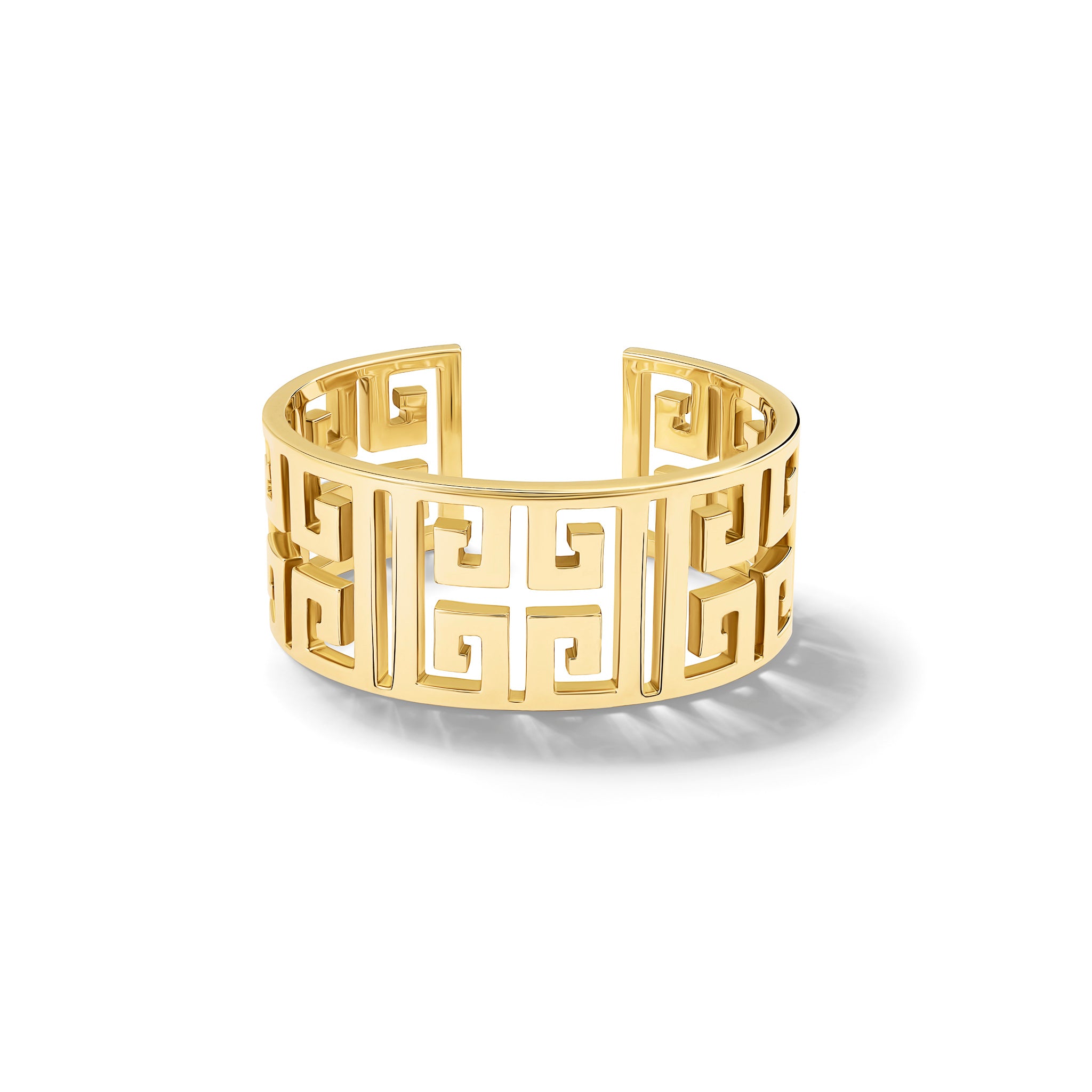 Handcrafted 9ct yellow gold cuff bracelet with iconic symmetrical Greek motif.