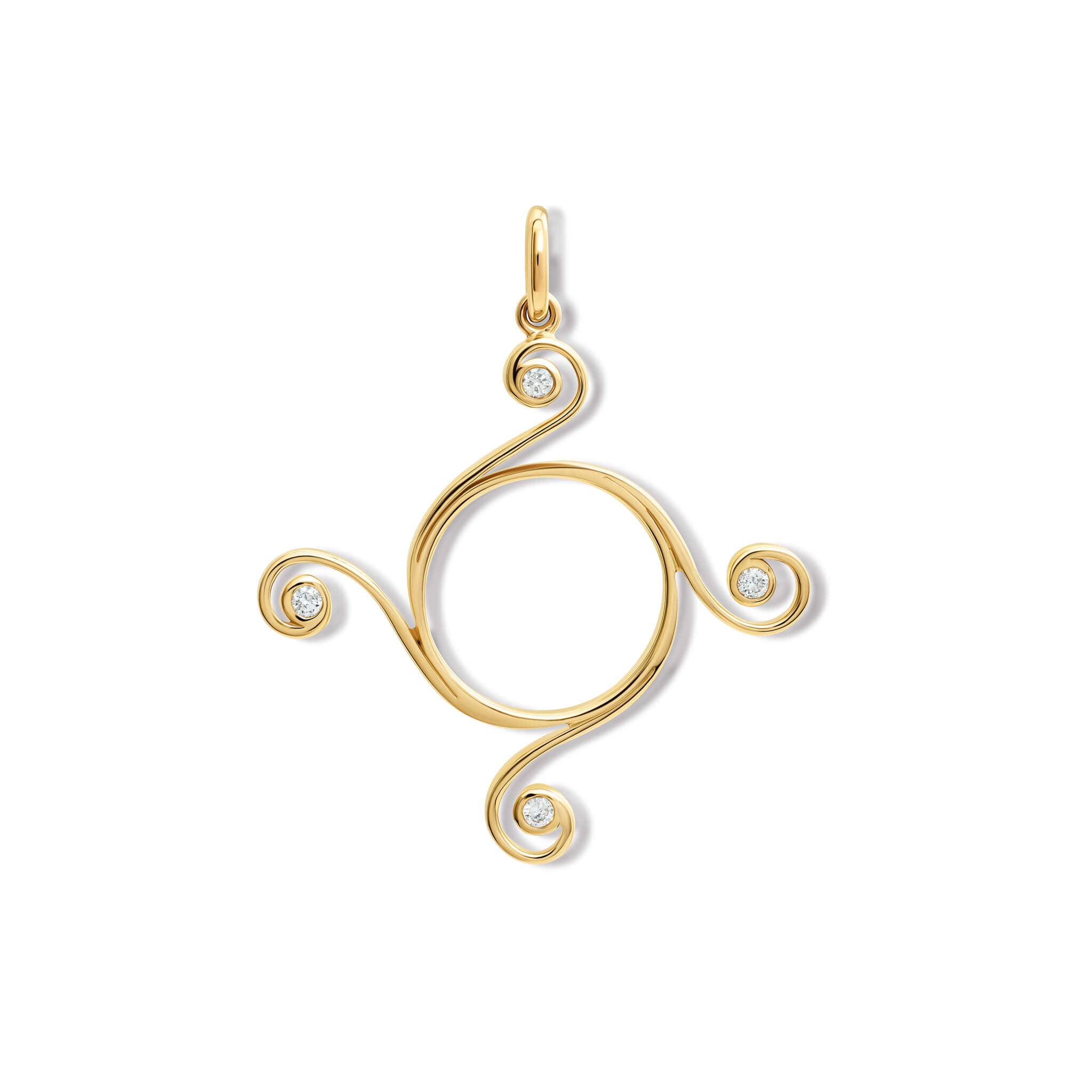 Handcrafted yellow gold Athena necklace pendant with a circular shape and spiral at four points, hanging on gold chain with diamonds.