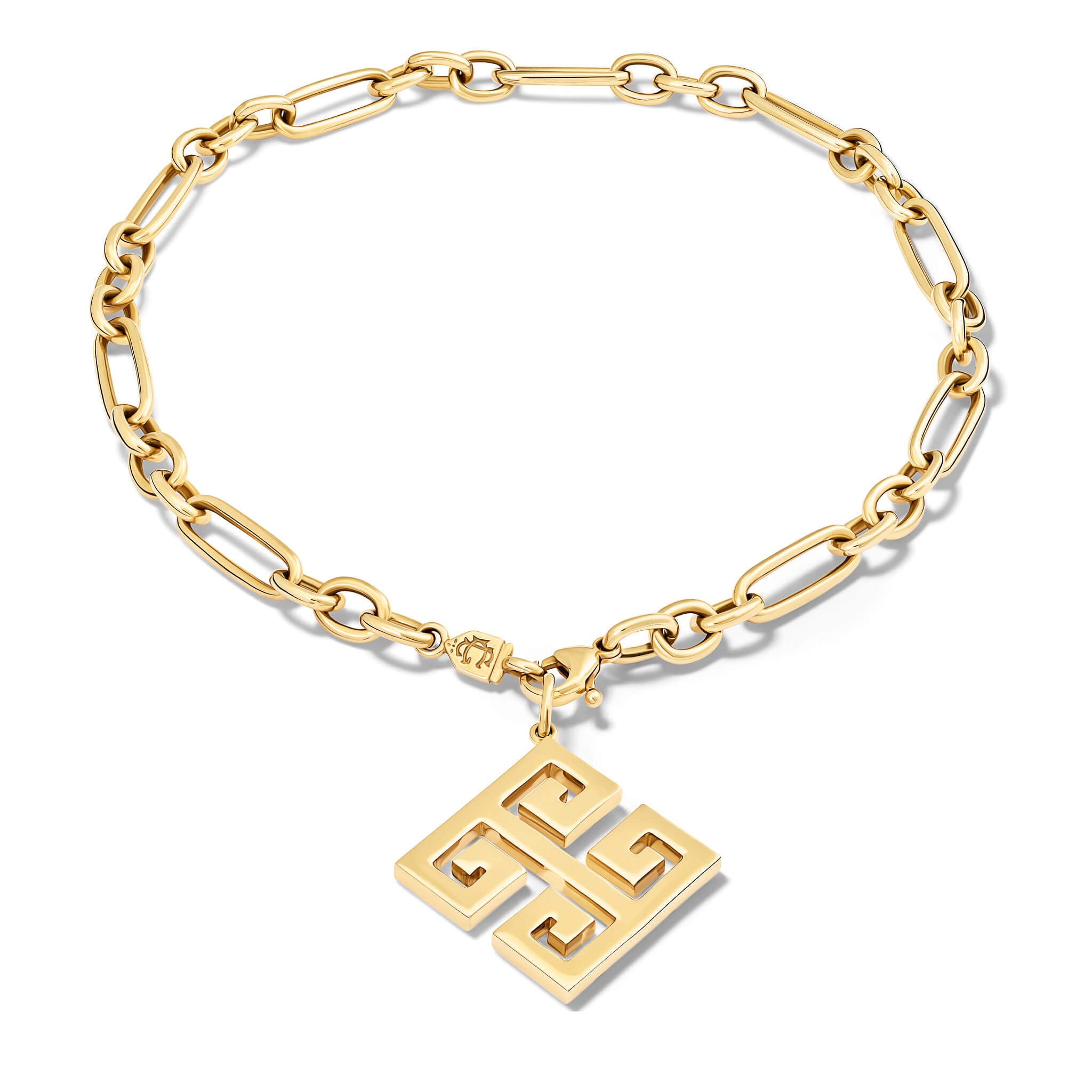 Handcrafted yellow gold necklace pendant featuring a Greek key pattern.