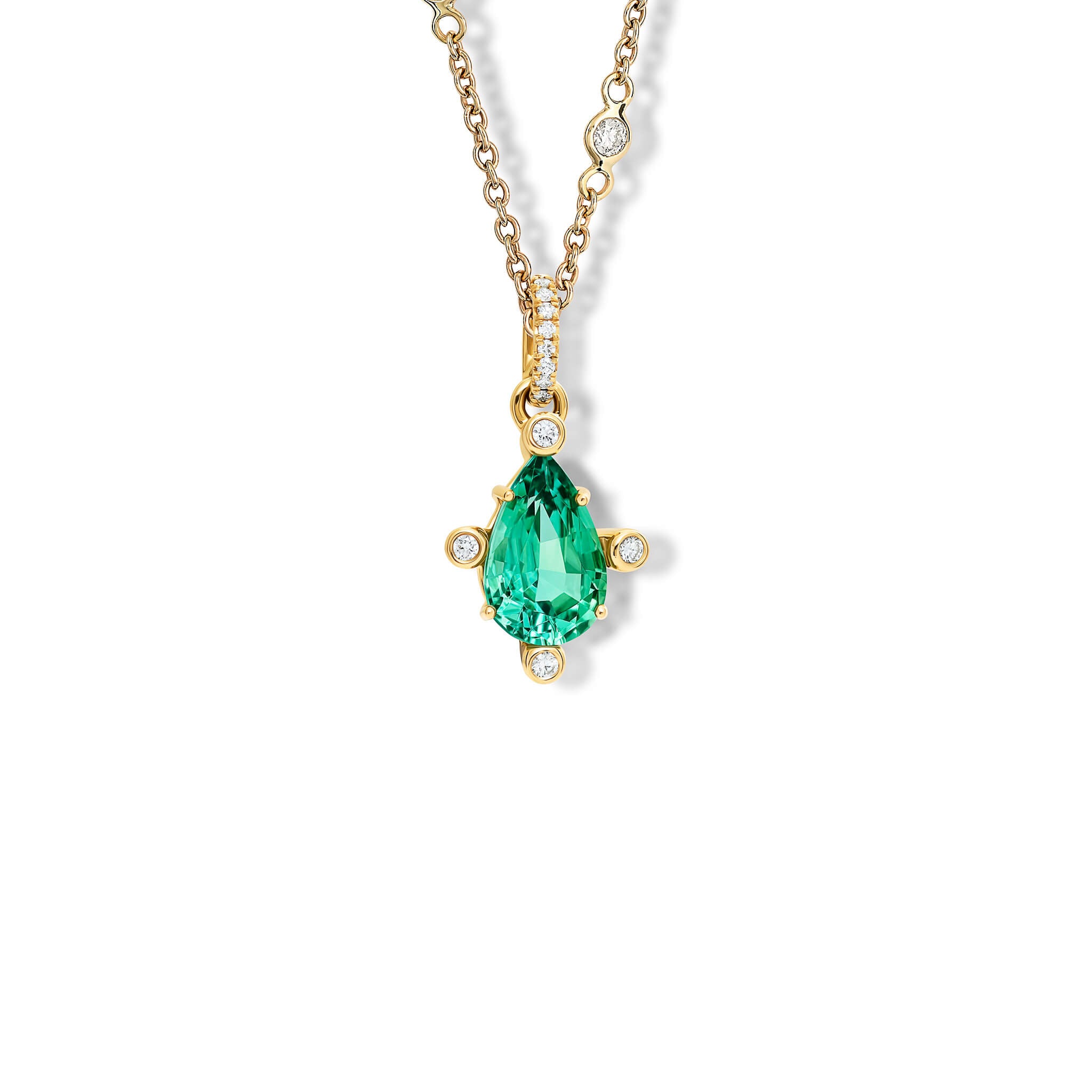 Handcrafted 18ct yellow gold pendant with pear facetted green gemstone set with four diamonds and yellow gold diamond pav? loop with diamonds.