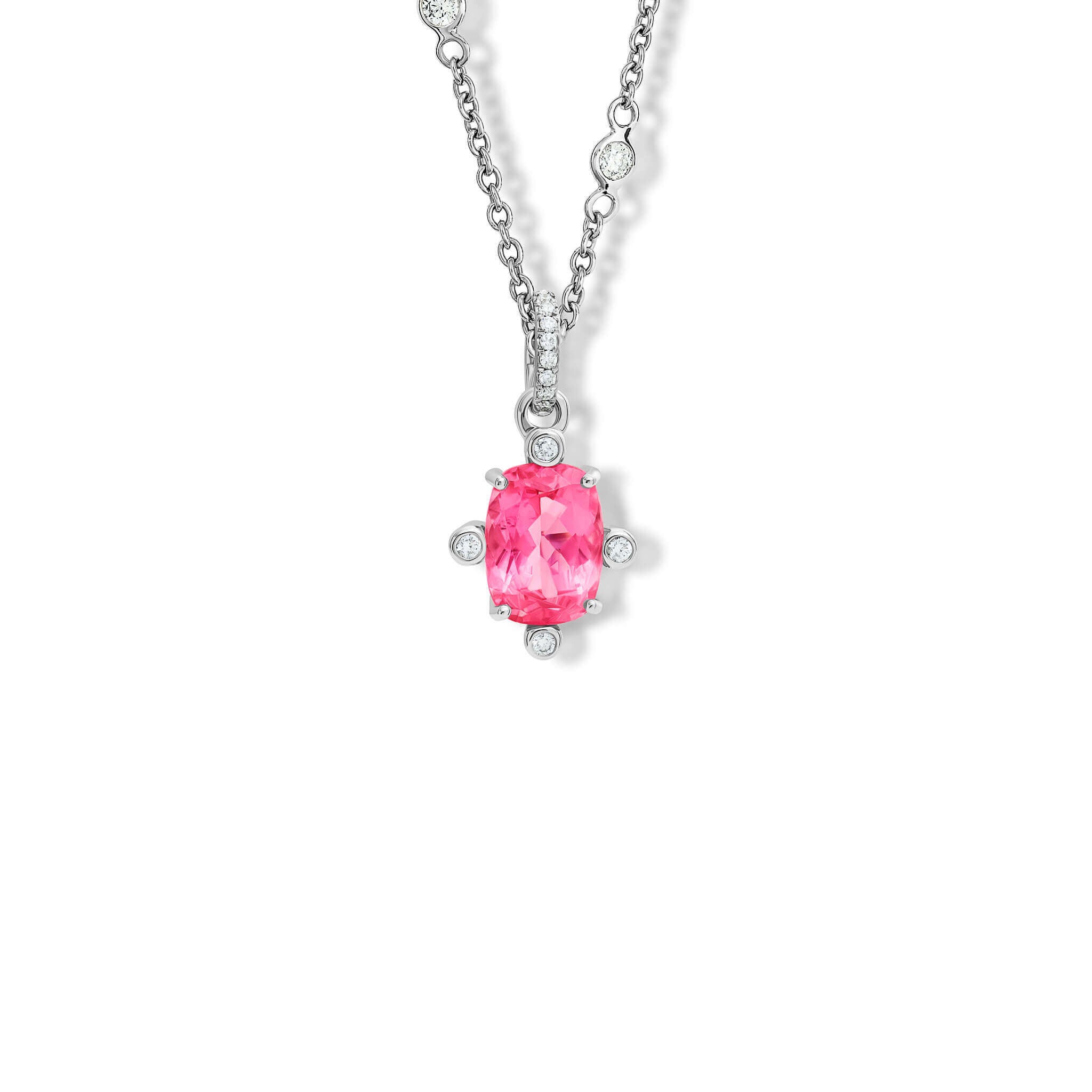 Handcrafted 18ct white gold Compass pendant with pear facetted pink gemstone set with four diamonds. On white gold diamond pav� loop.