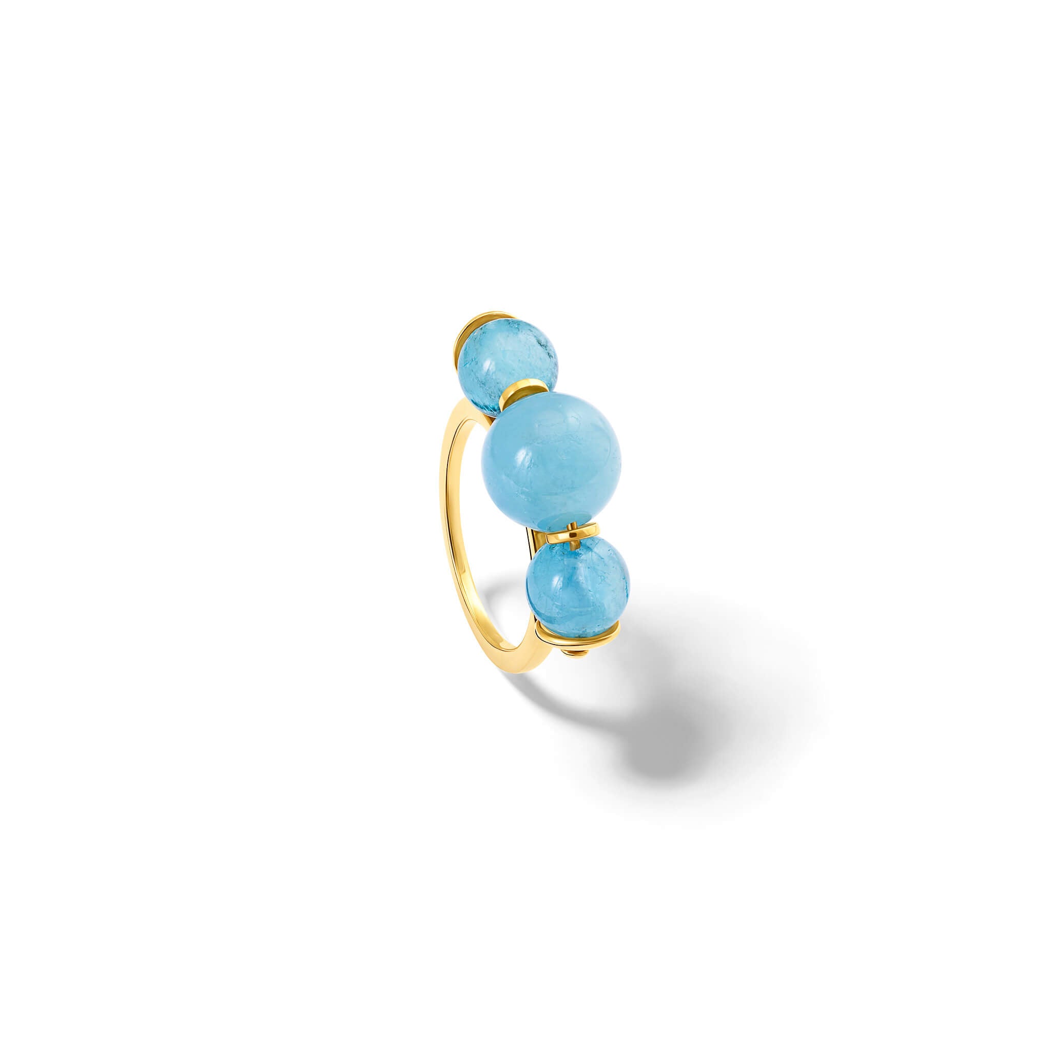 Handcrafted 9ct gold ring featuring three aquamarine round beads.