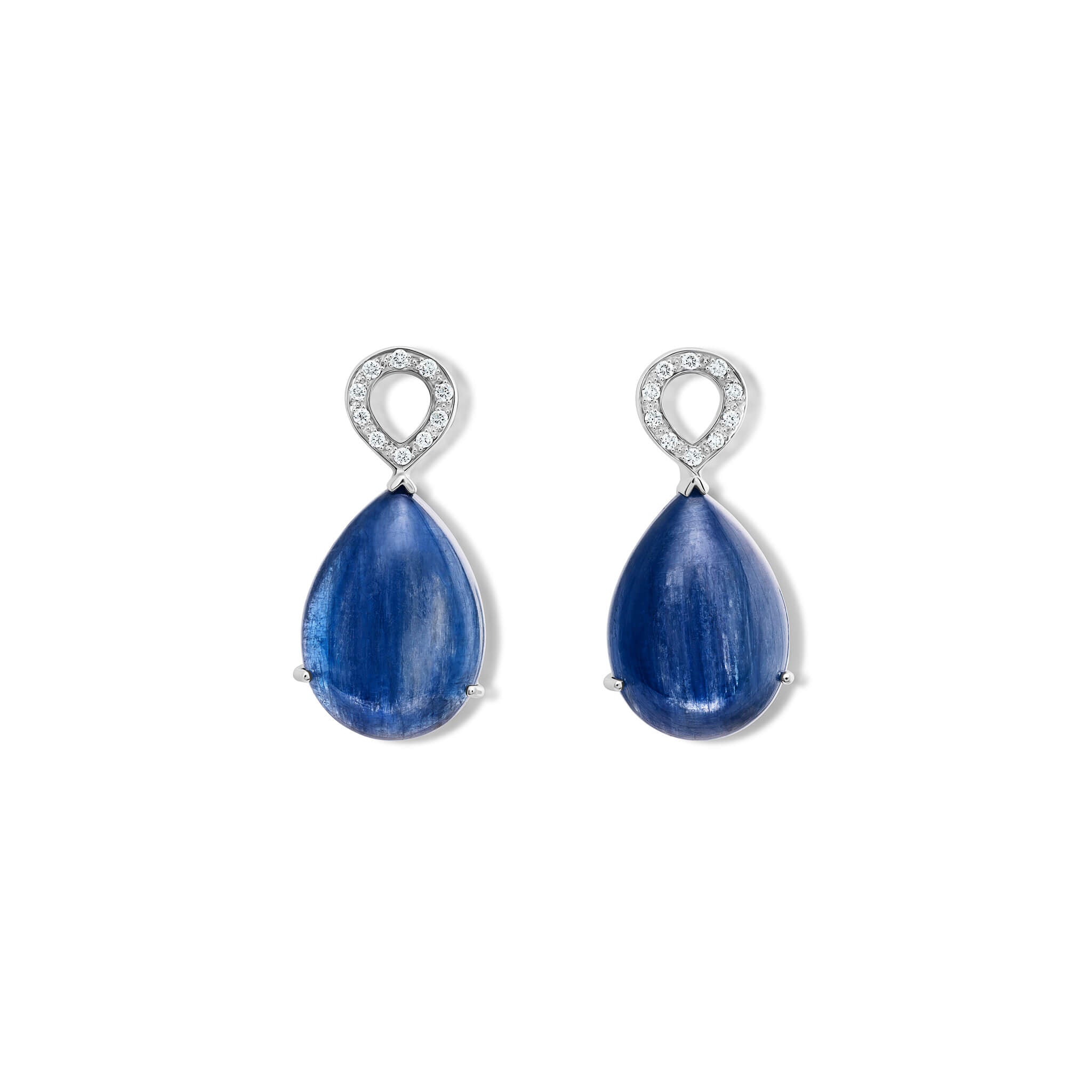 Handcrafted 18ct white gold earring drops featuring drops of blue kyanite with diamonds.