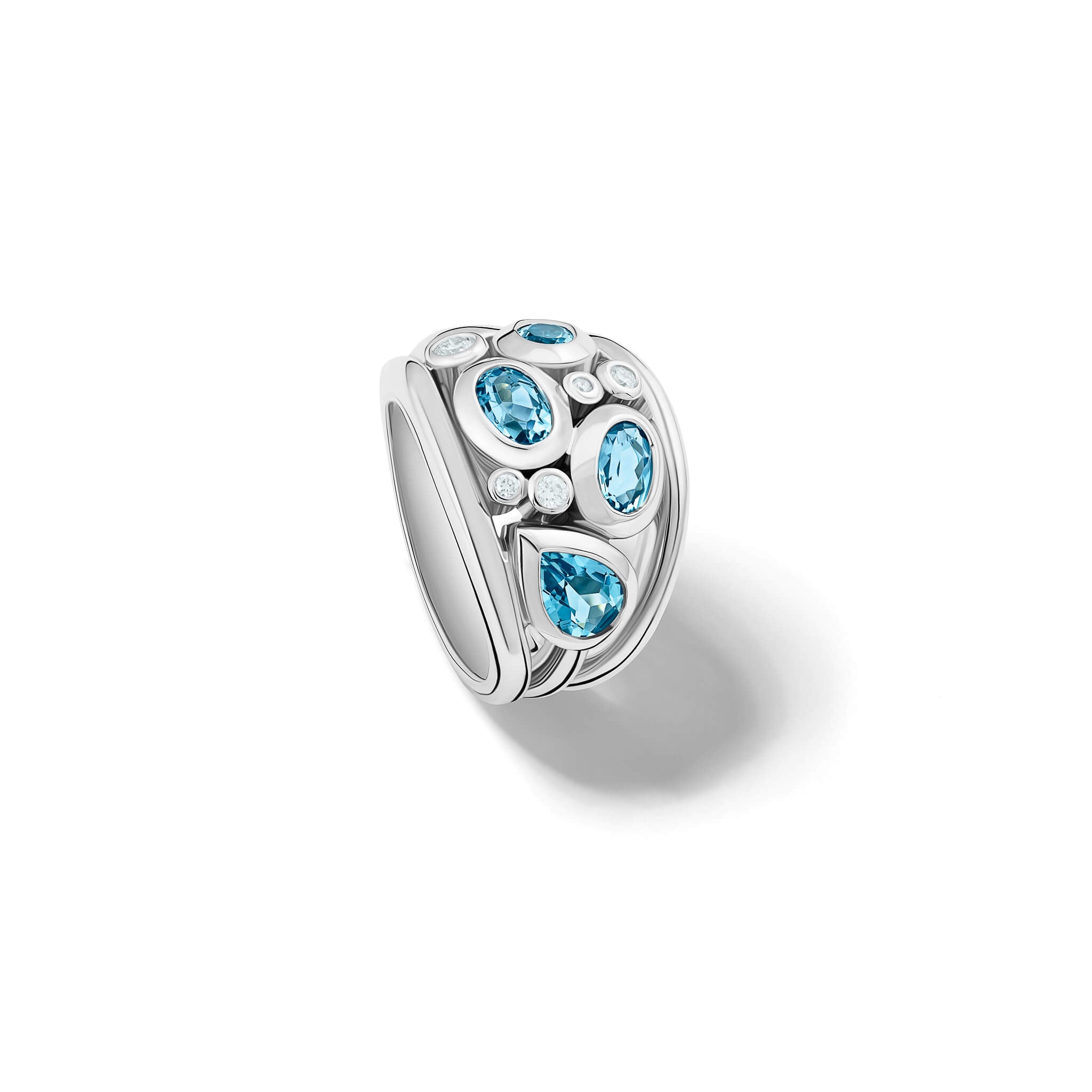 Handcrafted 18ct white gold ring featuring five facetted aquamarines and smaller diamonds.