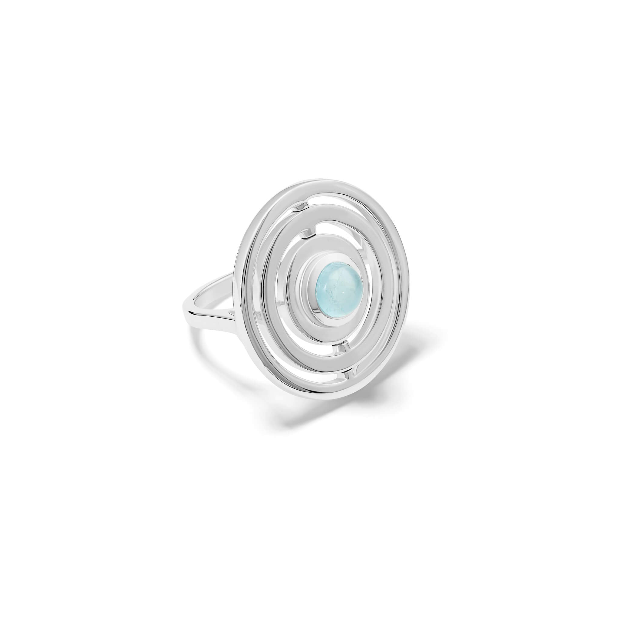 Handcrafted sterling silver cocktail ring featuring three concentric circles with movement and a central cabochon blue aquamarine.