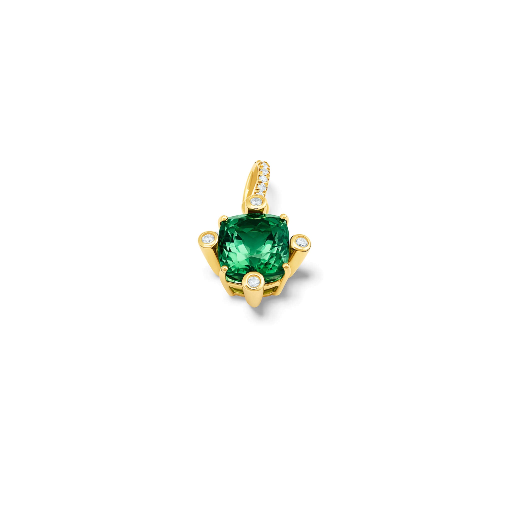 The handcrafted Compass medium necklace pendant in 18ct yellow gold with green tourmaline.