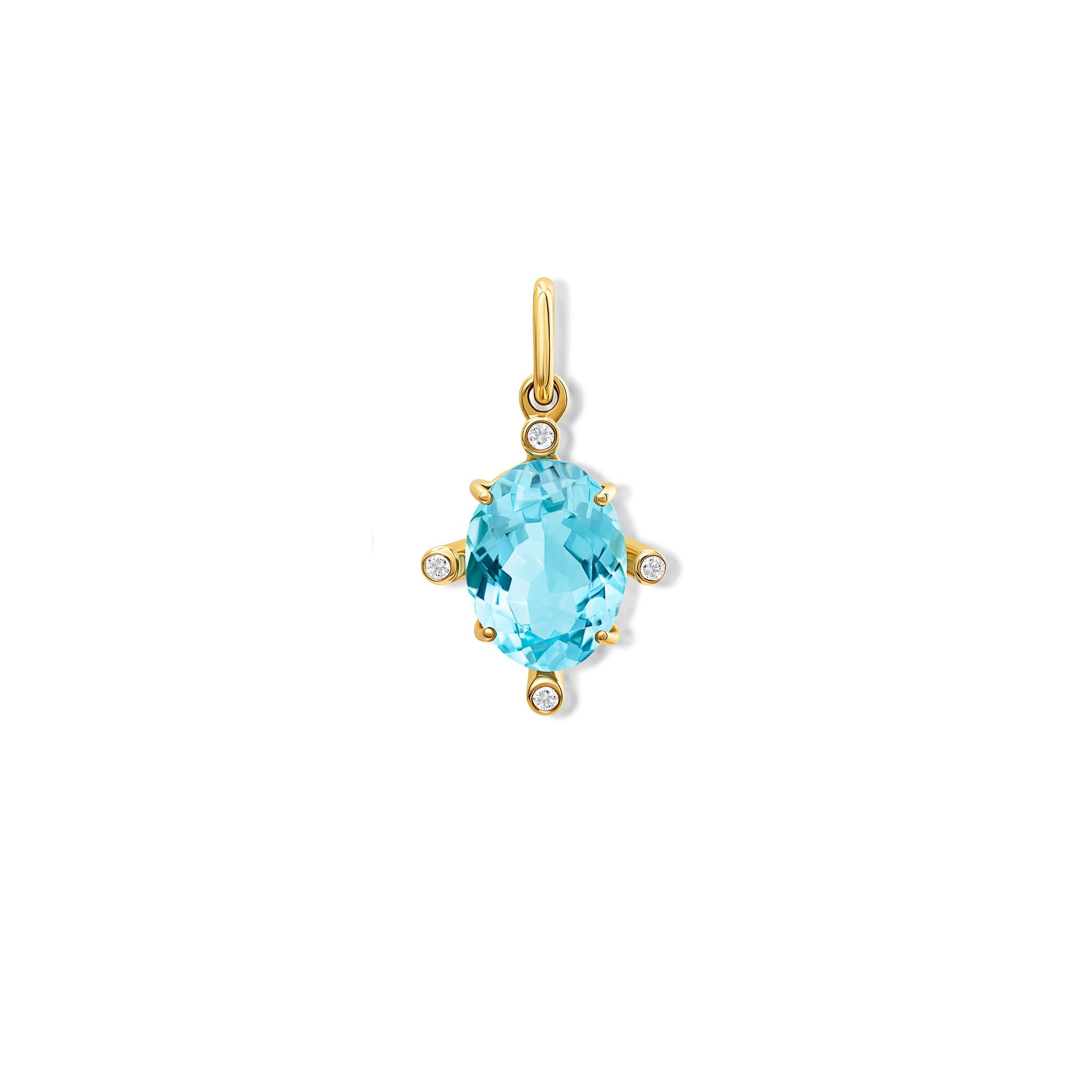 Handcrafted Compass pendant 18ct yellow gold with blue topaz set with four diamonds.