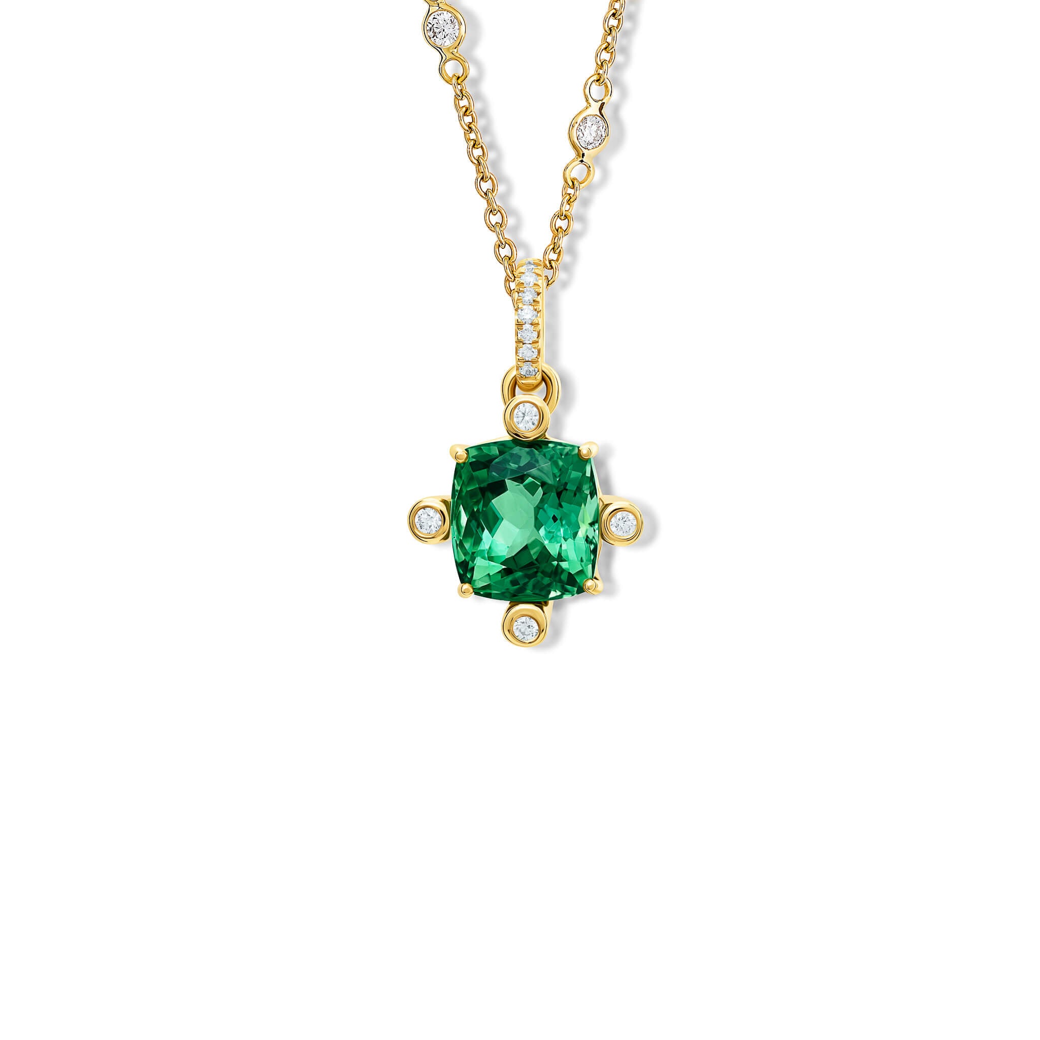 The handcrafted Compass medium necklace pendant in 18ct yellow gold with green tourmaline.