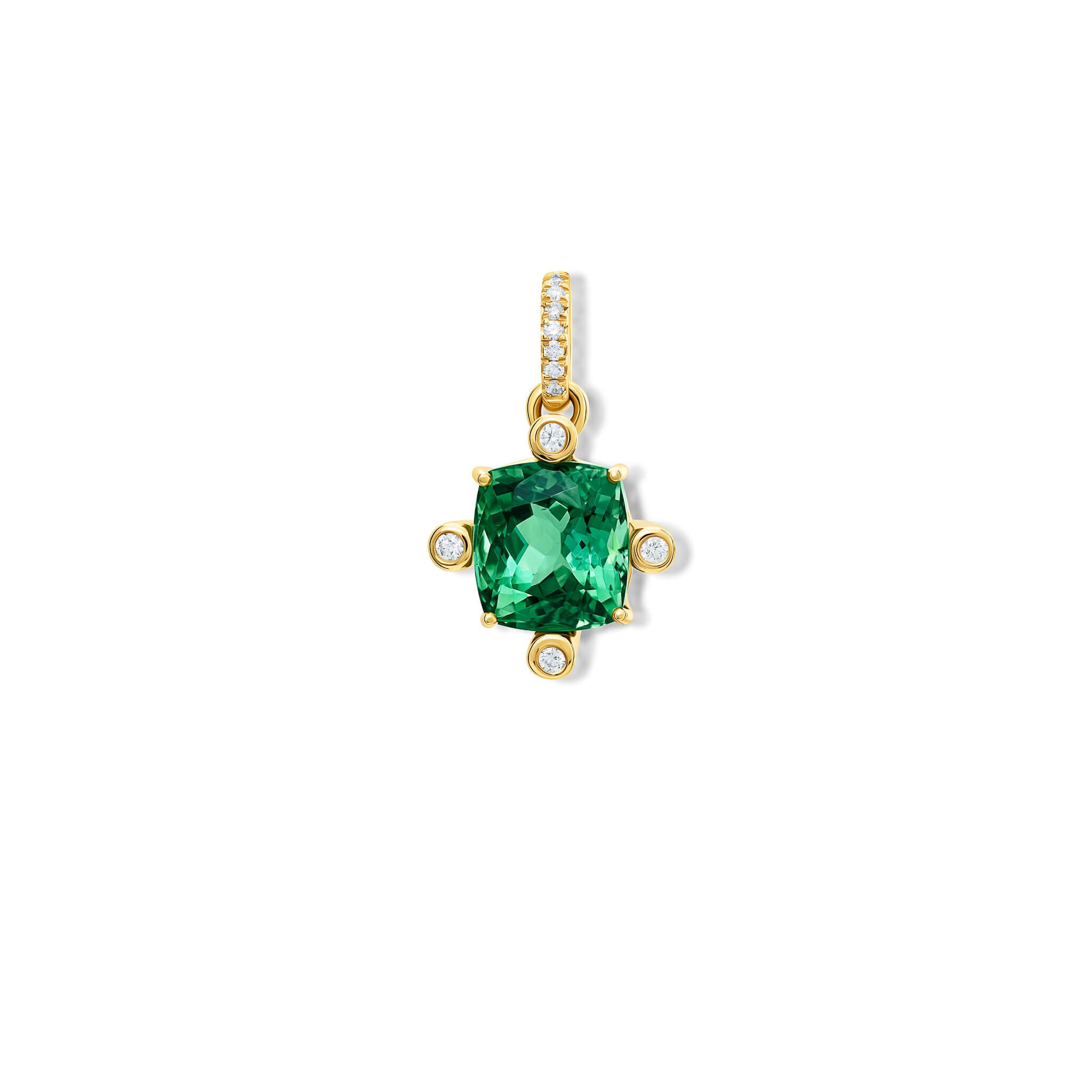 The handcrafted Compass medium necklace pendant in 18ct yellow gold with green tourmaline.