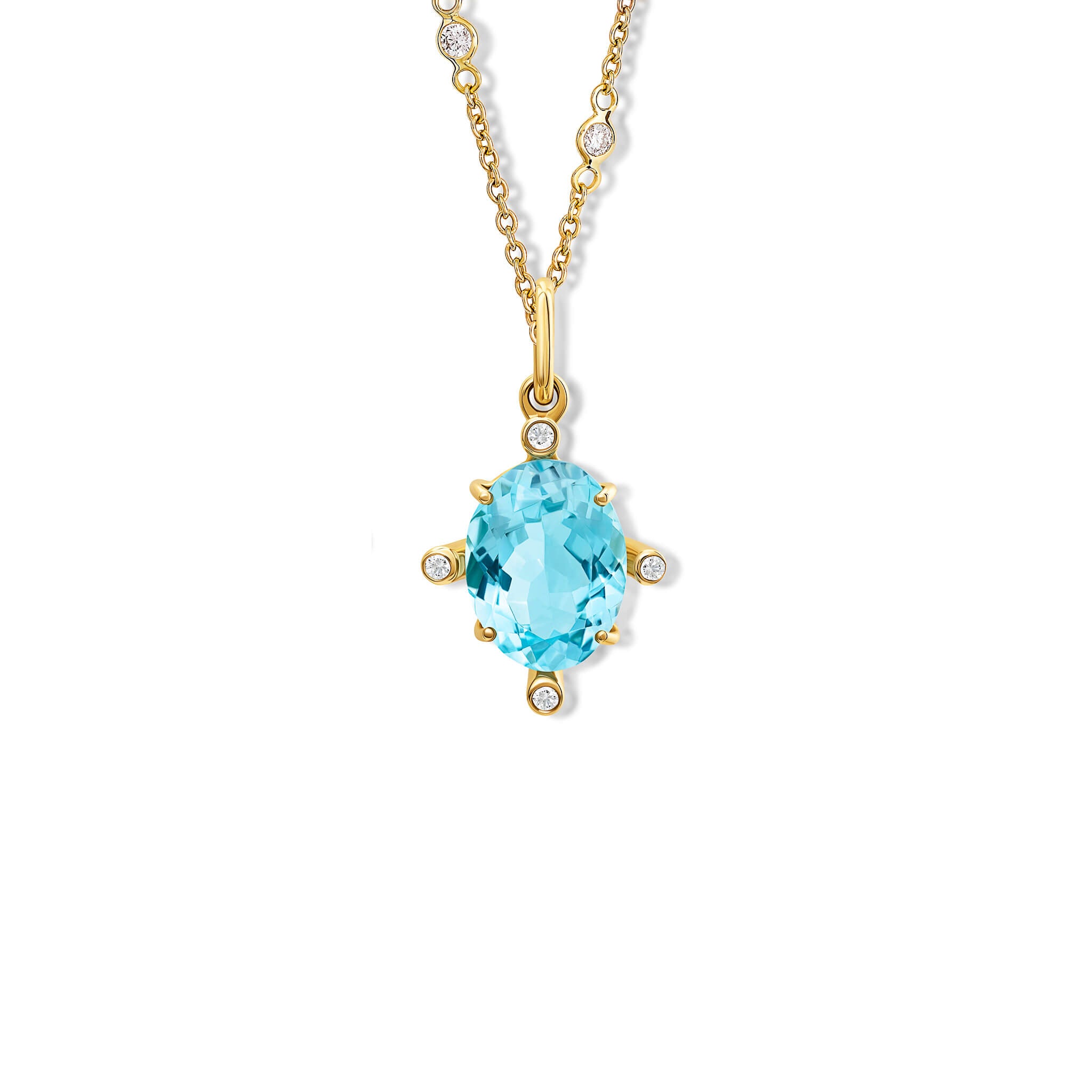 Handcrafted Compass pendant 18ct yellow gold with blue topaz set with four diamonds. On gold chain with diamonds.