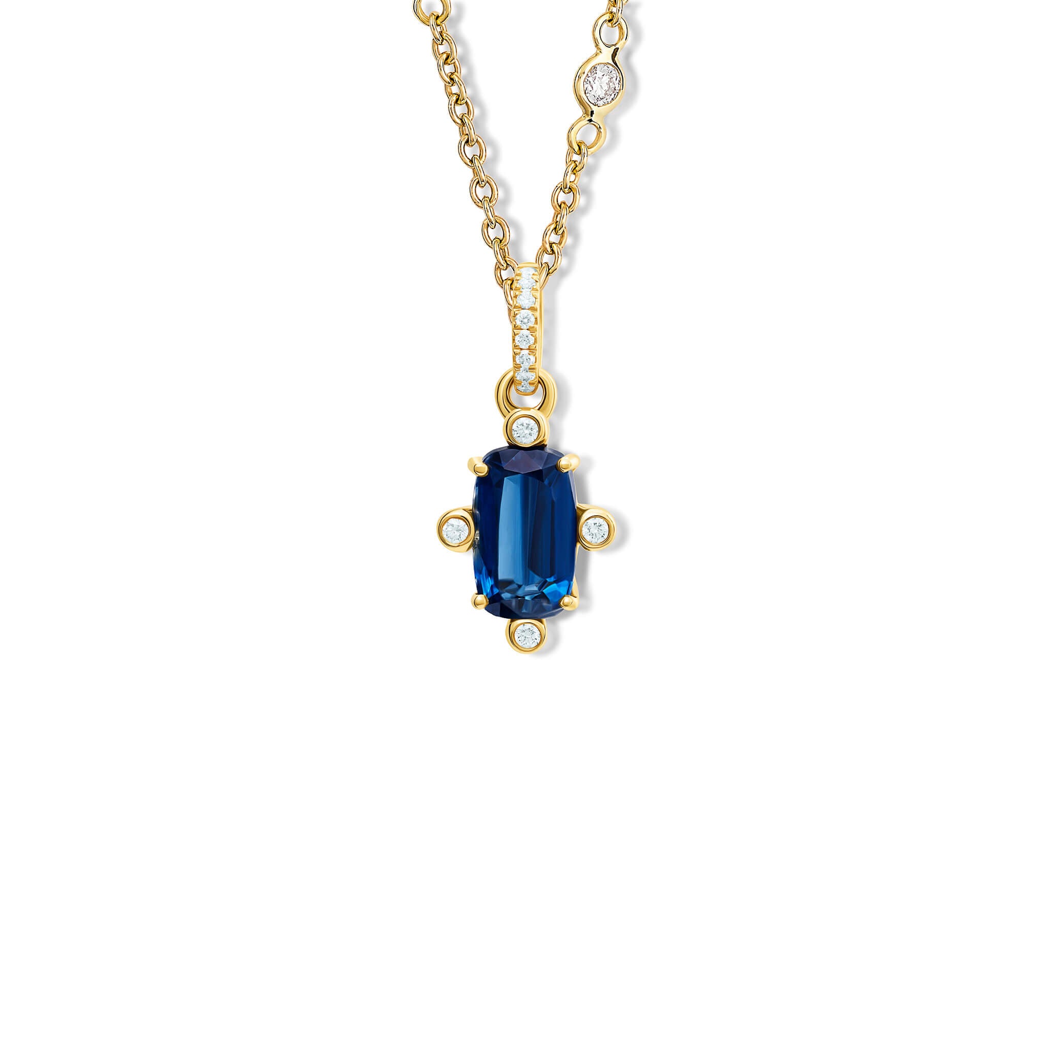 Handcrafted Compass medium necklace pendant in 18ct yellow gold with kyanite on a yellow gold diamond pav? loop with diamonds.