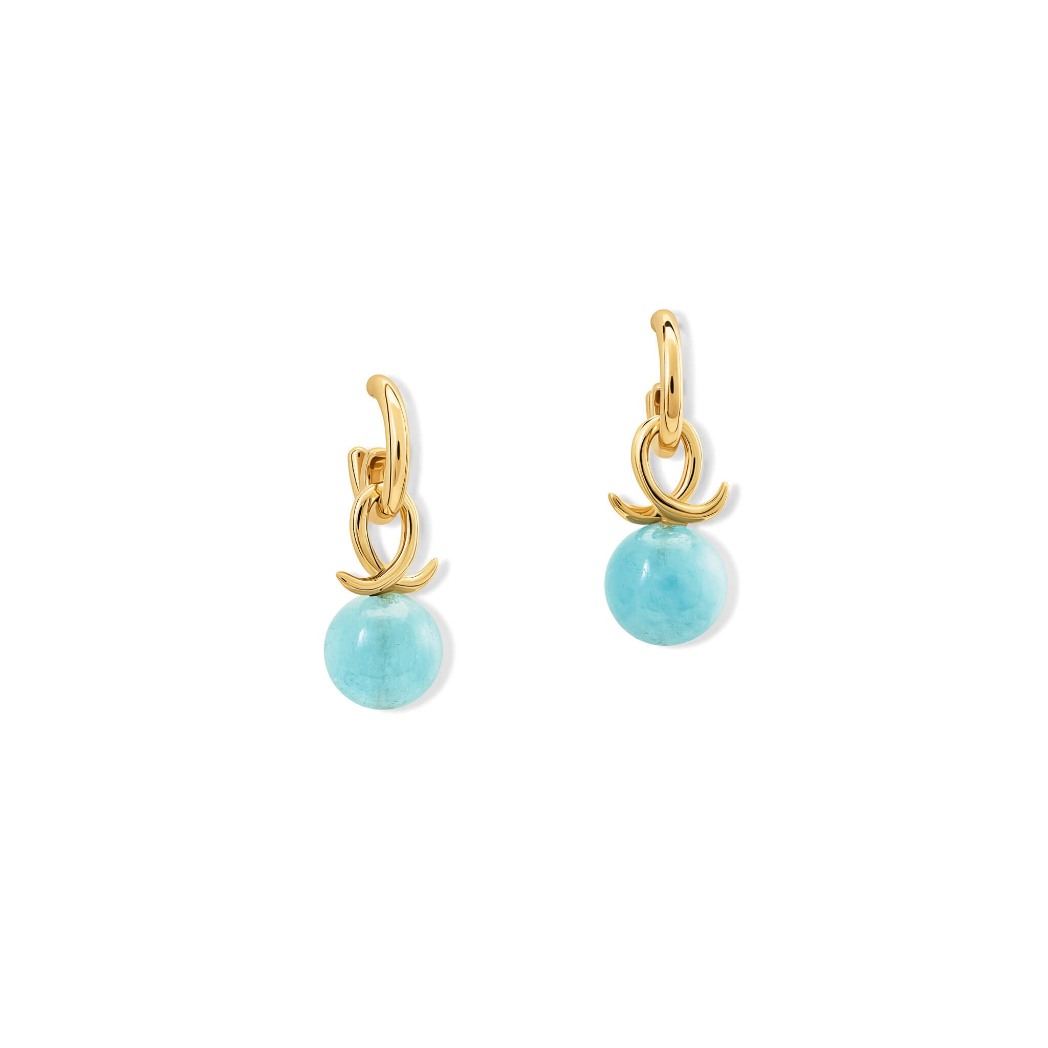 Handcrafted 9ct yellow gold earring drops with aquamarine bead and an oval loop shape crossing over.