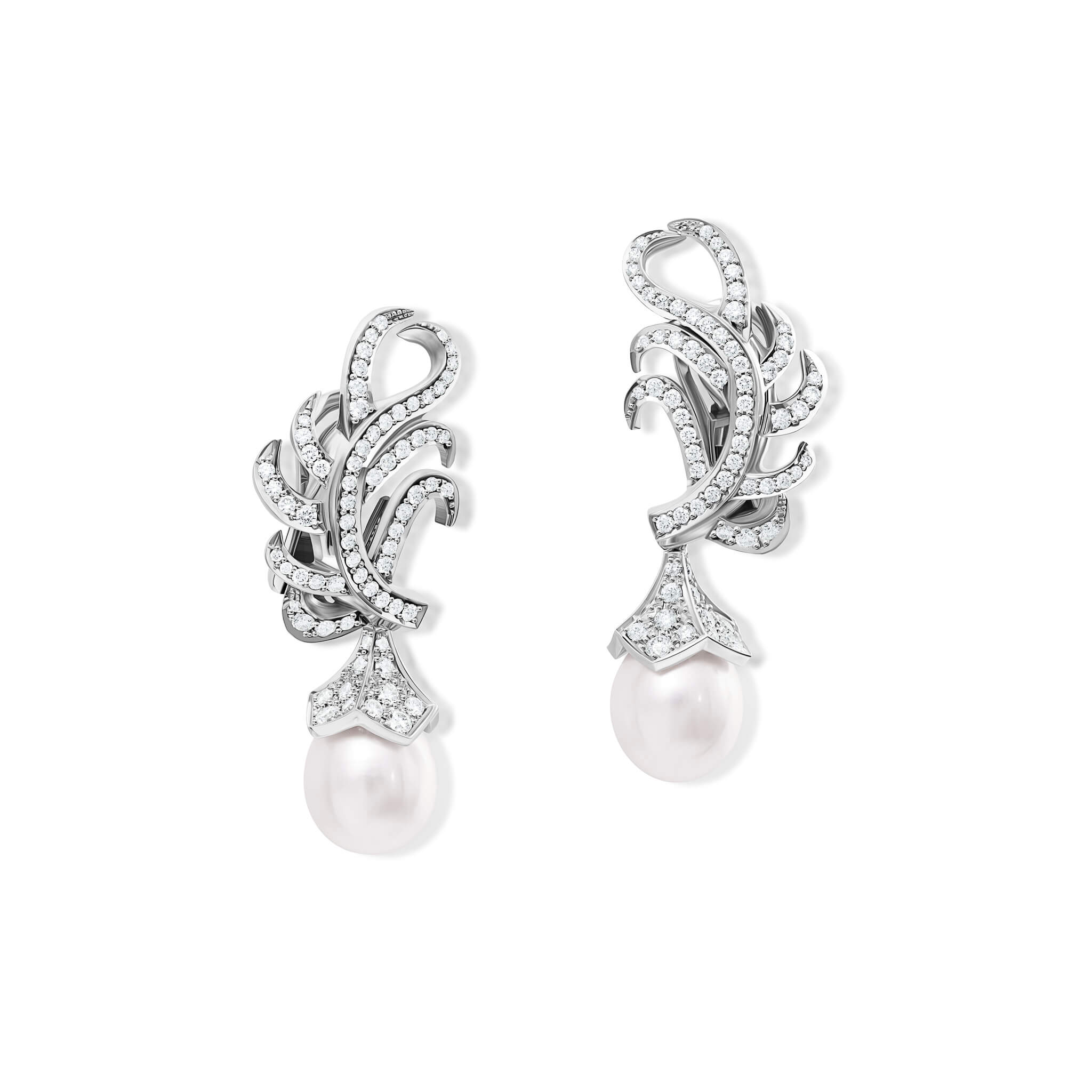 Handcrafted earrings in the shape of a feather plume in 18ct white gold with diamond pavé and a detachable pearl drop.