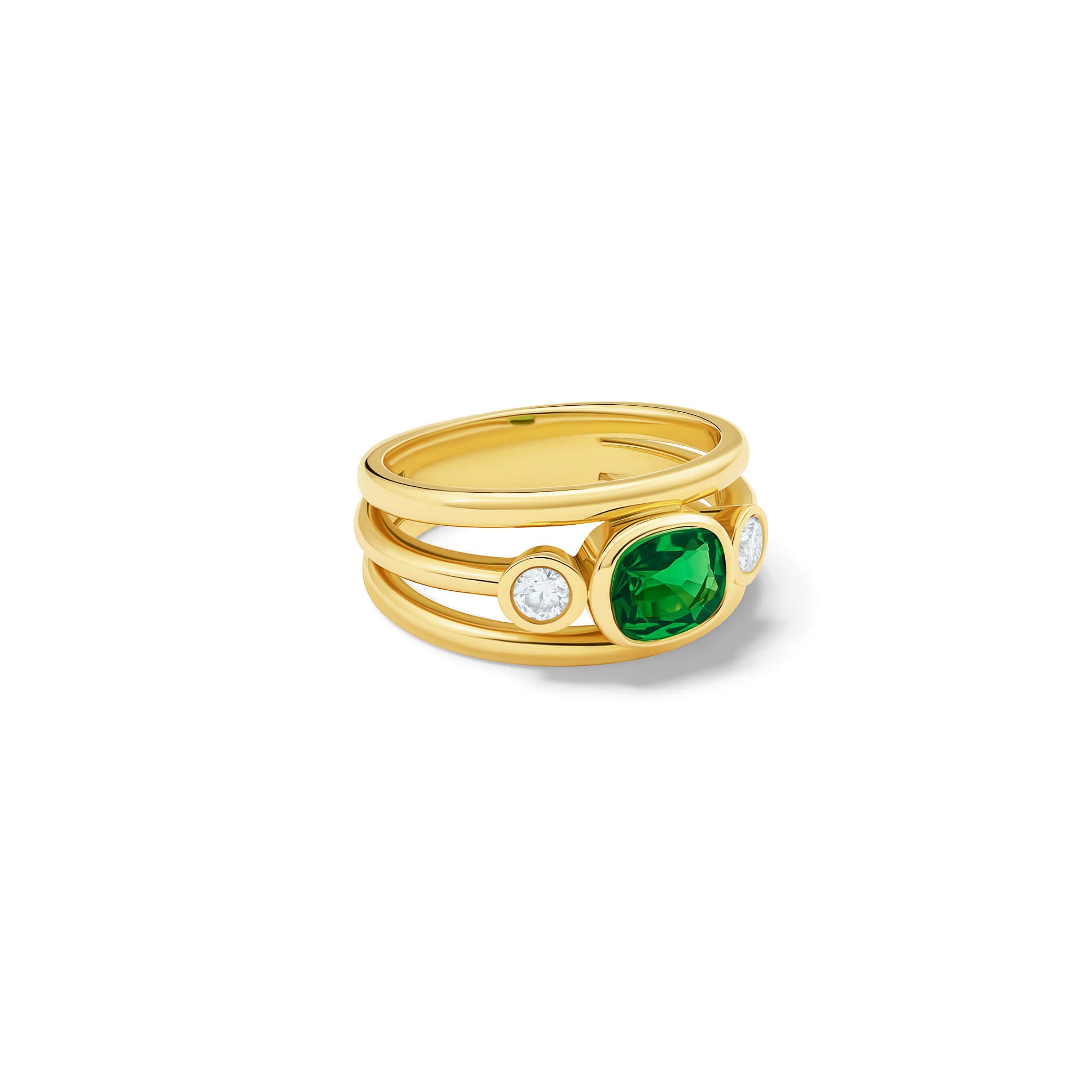 Handcrafted 18ct yellow gold ring with 3 gold bands set with a cushion cut Tsavorite garnet in the centre with a diamond set on either side.