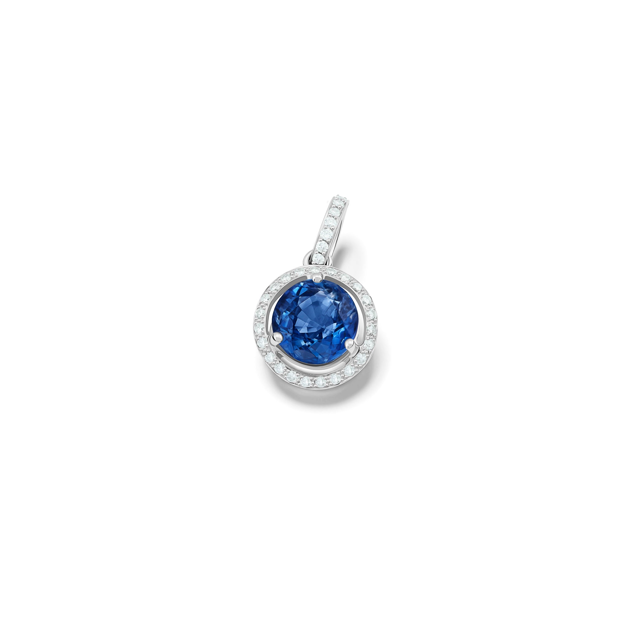 Handcrafted 18ct white gold necklace pendant featuring a circular kyanite with diamonds.