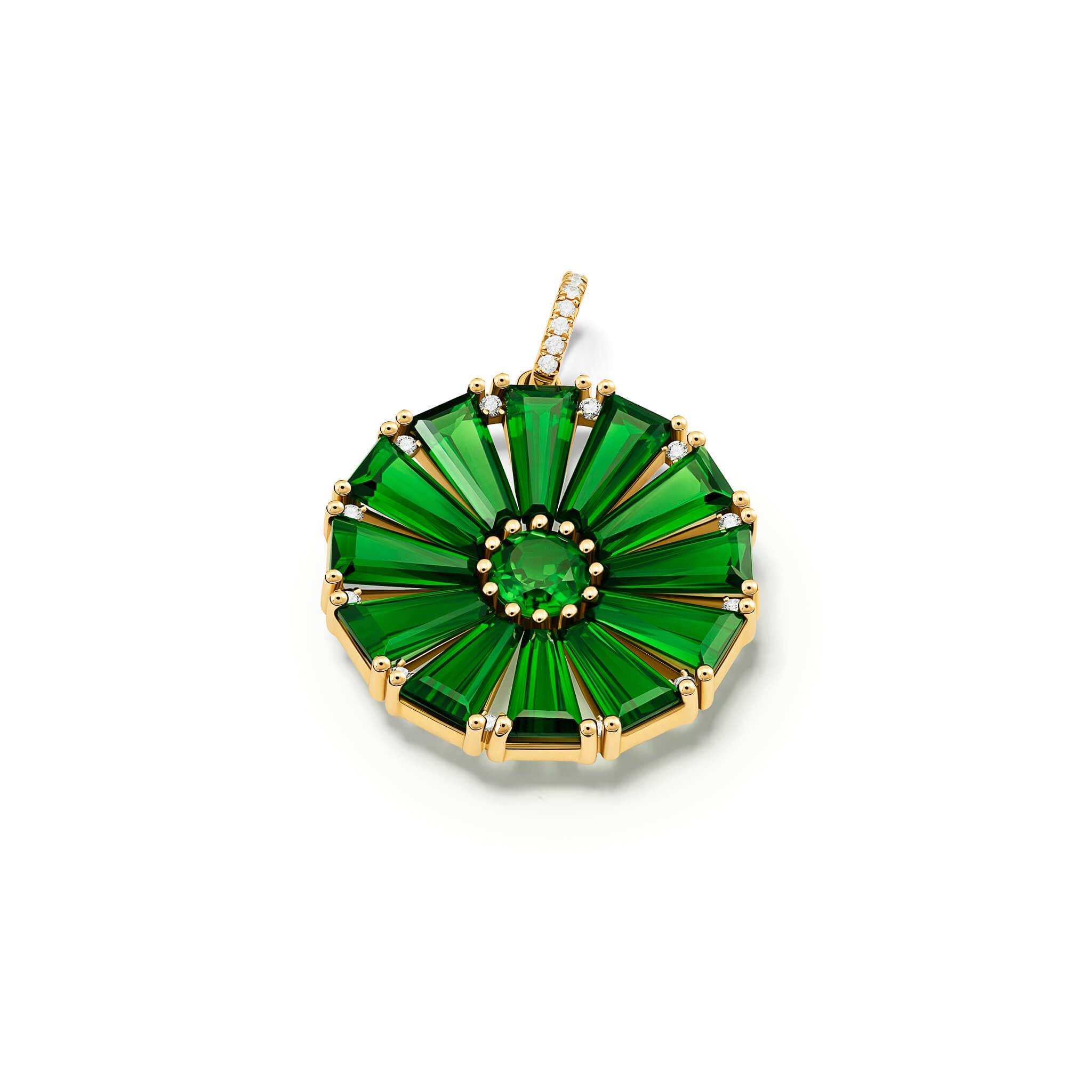 Handcrafted yellow gold circular necklace pendant with baguette cut chrome diopside and diamond gemstones.