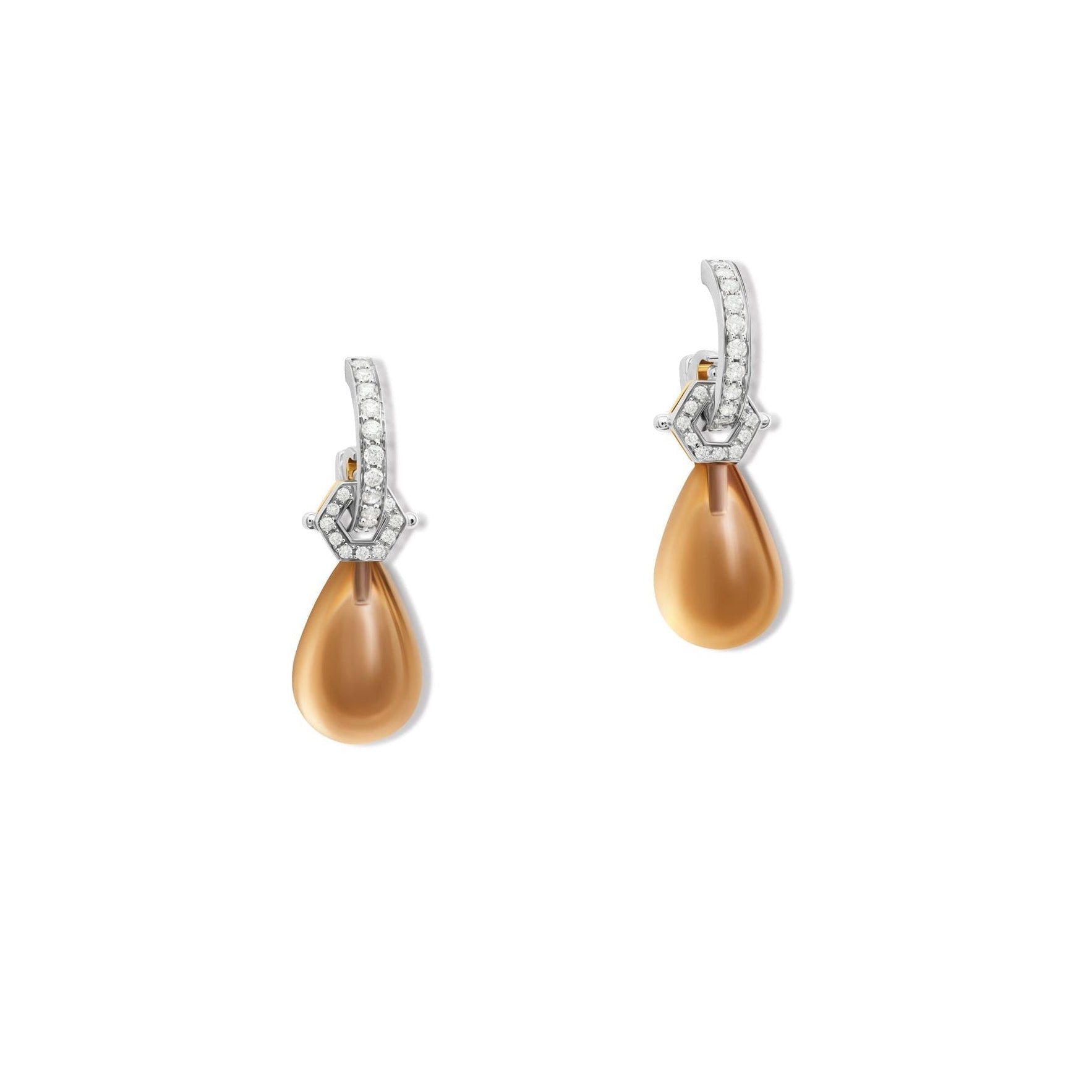 Melissae di Erice earring drops in white and yellow gold with smoky quartz and diamond.
