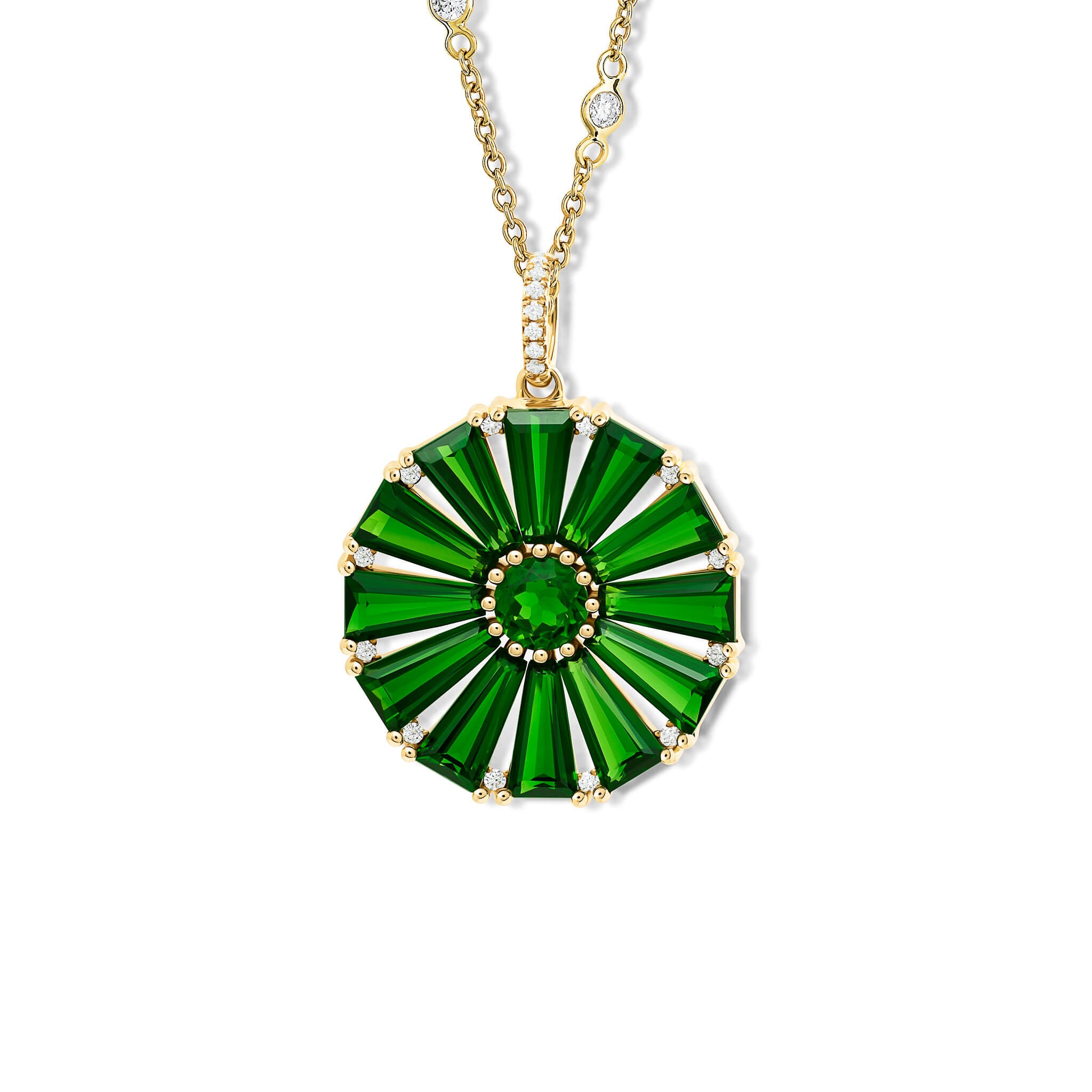 handcrafted yellow gold circular necklace pendant with baguette cut chrome diopside and diamond gemstones.