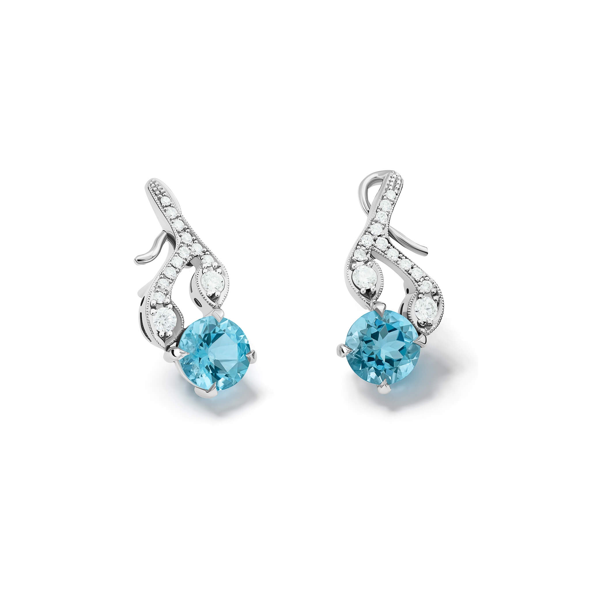 Handcrafted 18ct white gold earrings with diamonds and a aquamarine drop in the shape of a sprig of rosemary.
