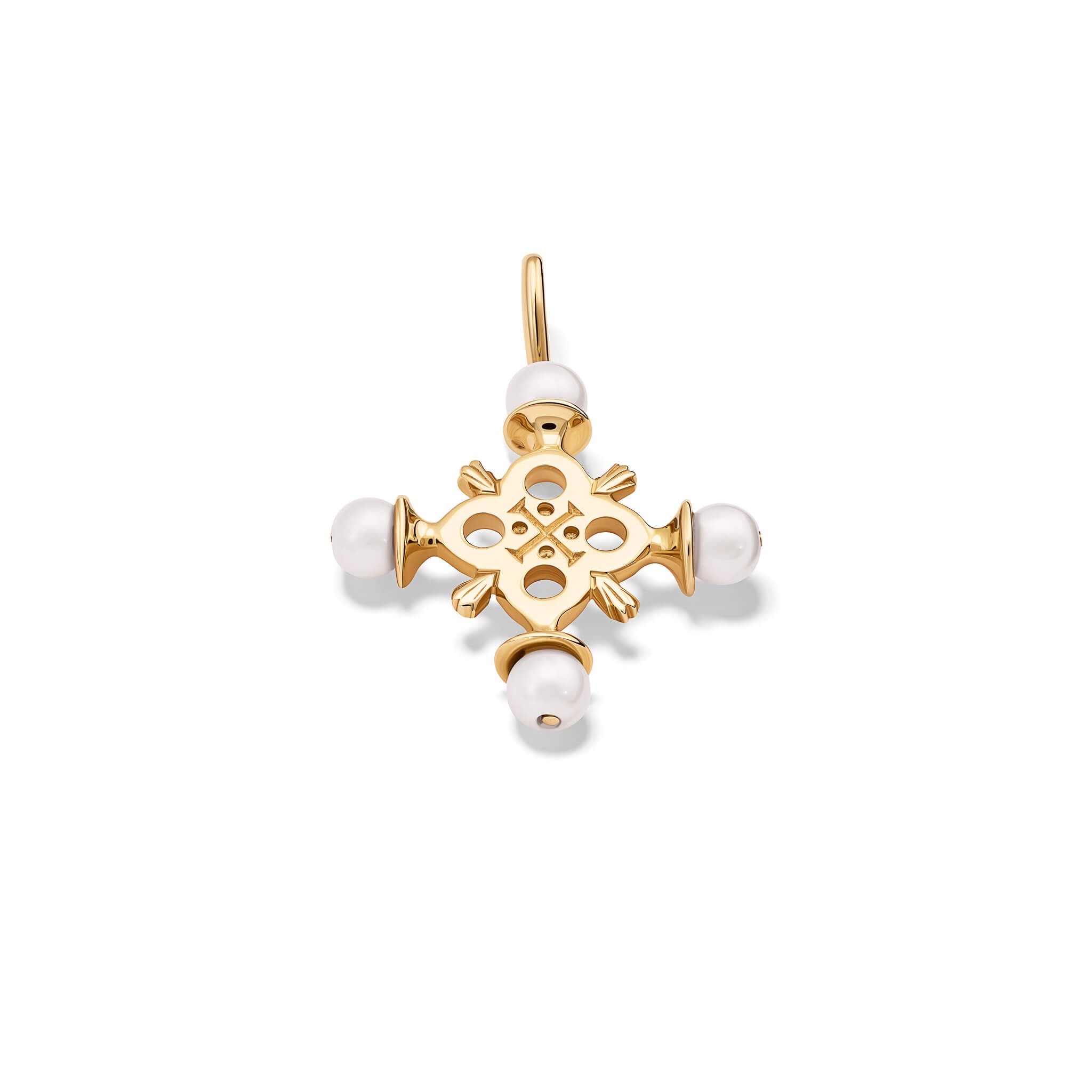 Handcrafted yellow gold cross pendant with pearl, birthstone of June.