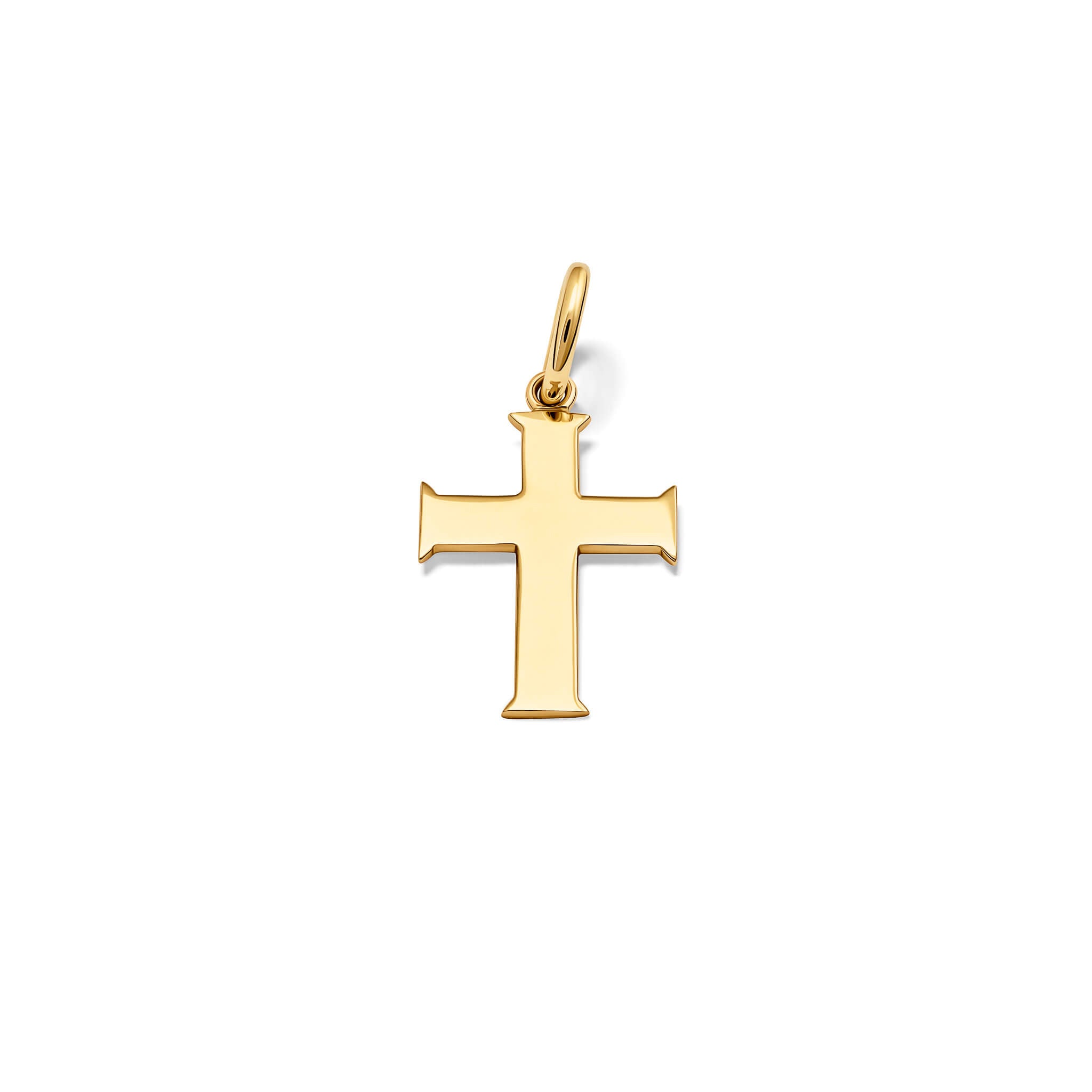 Handcrafted yellow gold cross necklace pendant featuring a loop for chain attachment.