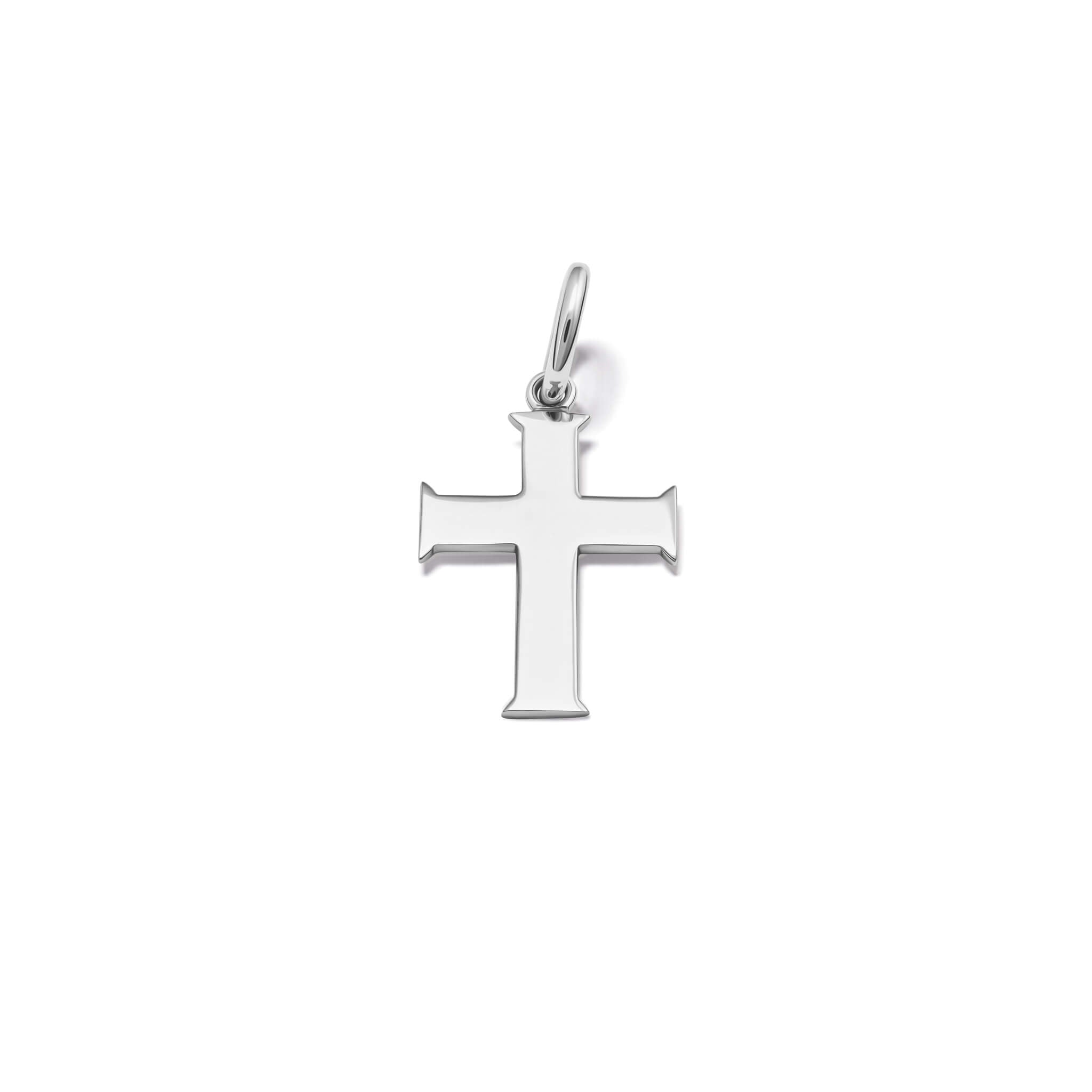 Handcrafted silver cross necklace pendant featuring a loop for chain attachment.