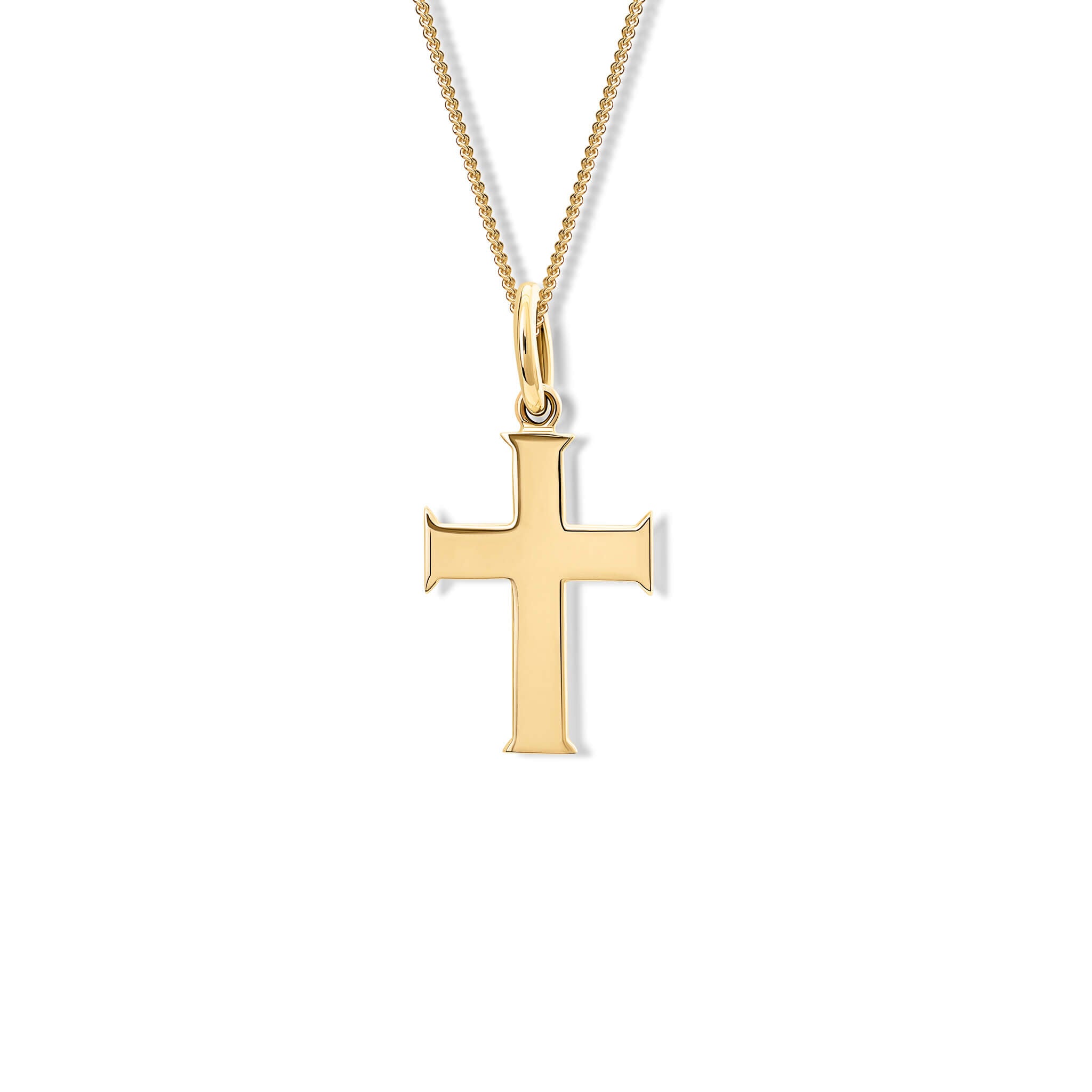 Handcrafted yellow gold cross necklace pendant featuring a loop for chain attachment.