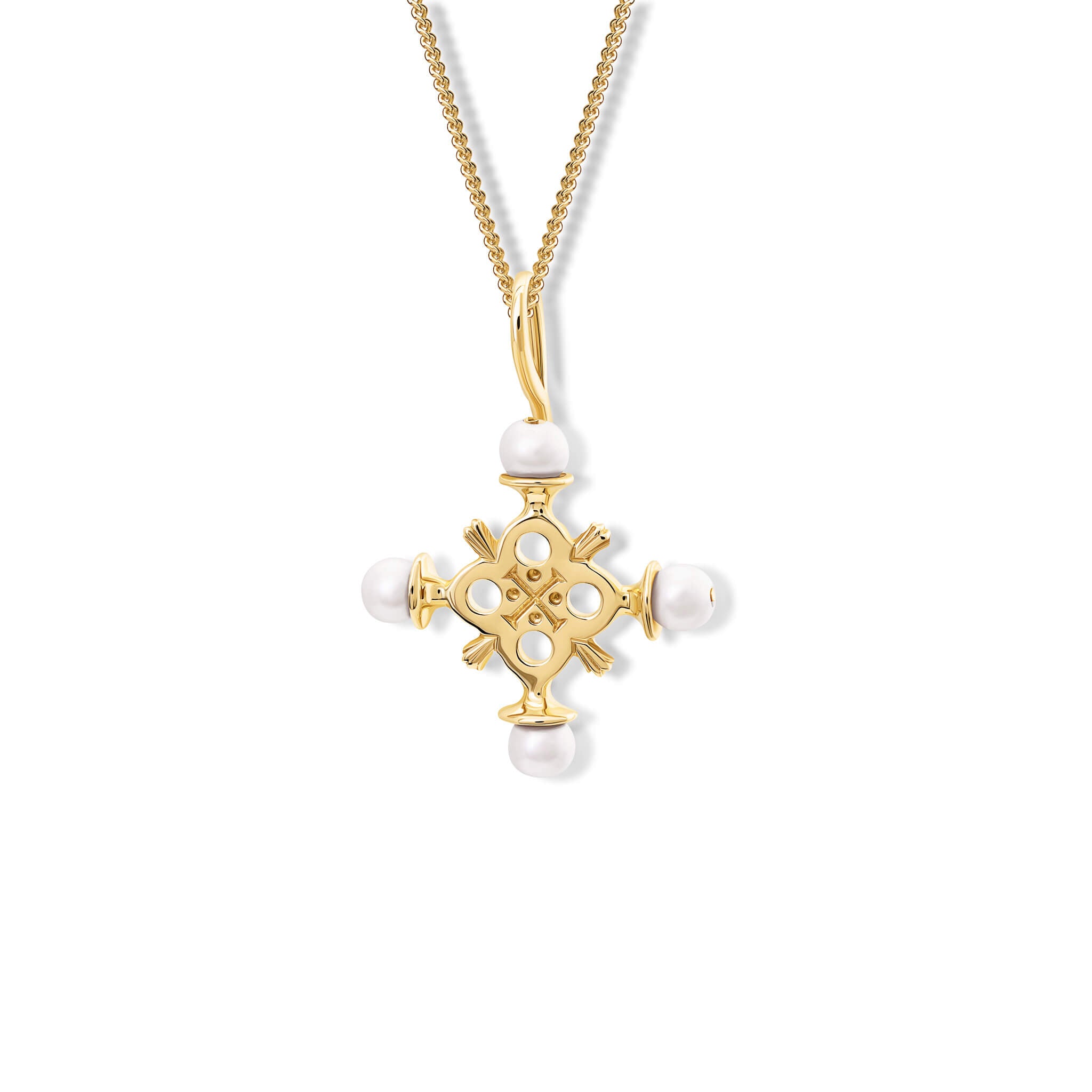 Handcrafted yellow gold cross pendant with pearl, birthstone of June.