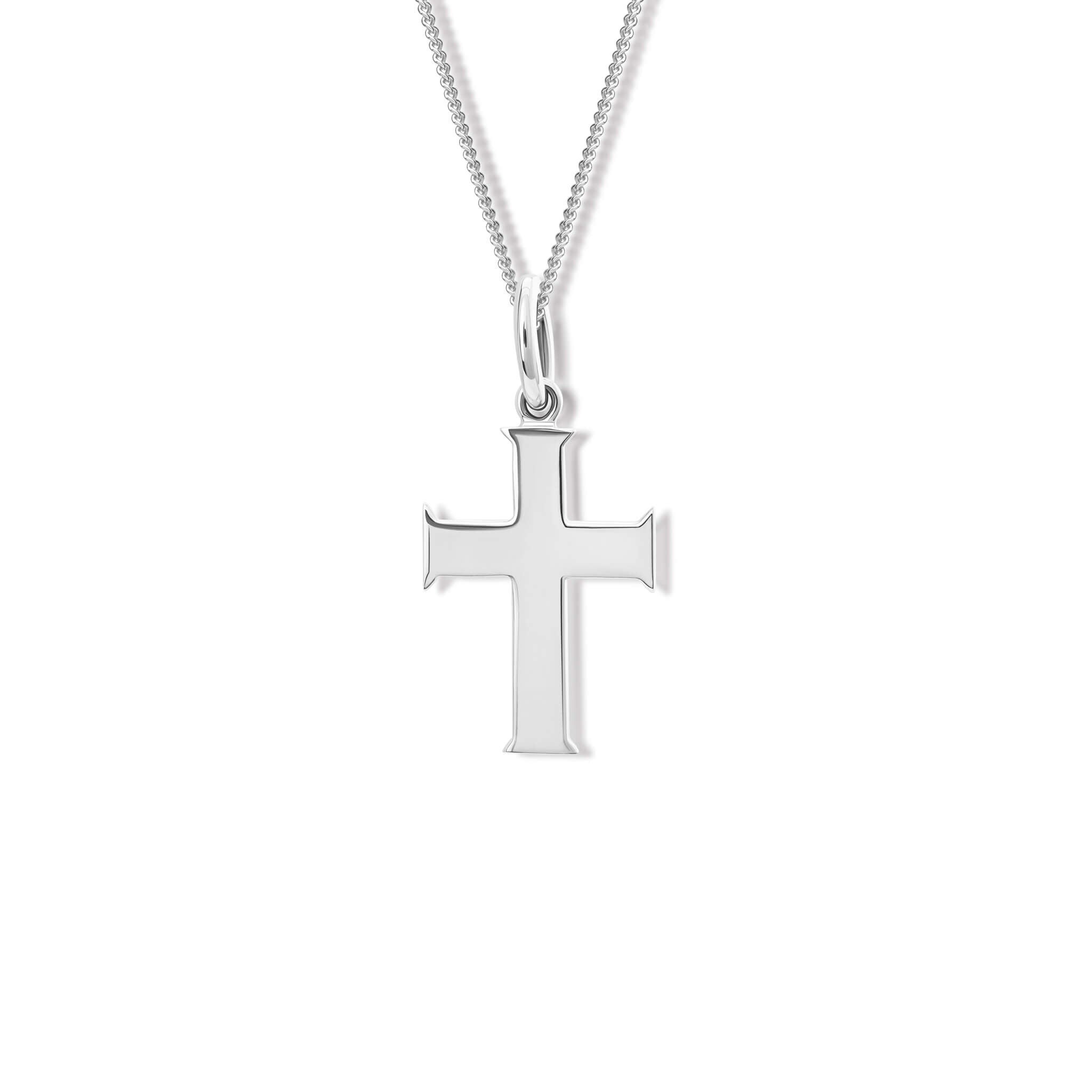 Handcrafted silver cross necklace pendant featuring a loop for chain attachment.