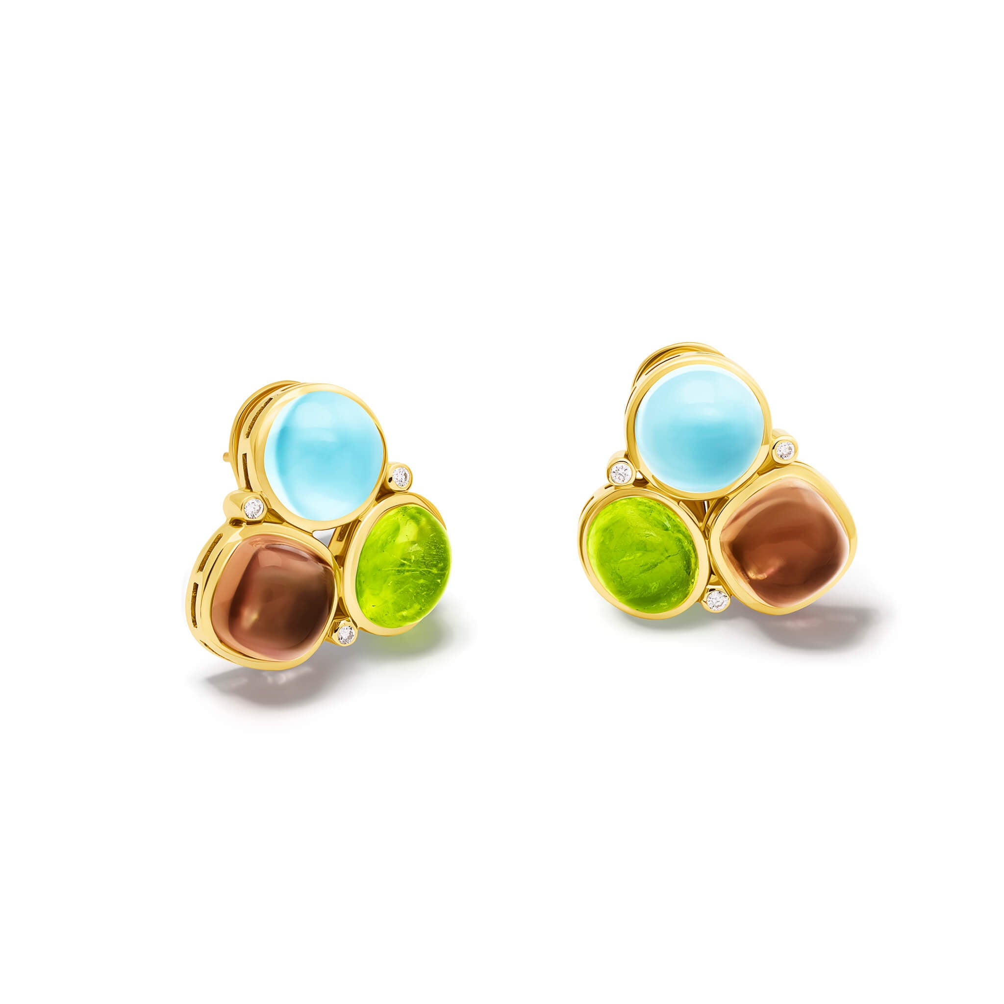 fuscata earrings in 18ct yellow gold with cabochon peridot, smoky quartz, blue topaz and diamond by Cassandra Goad, Japan inspired