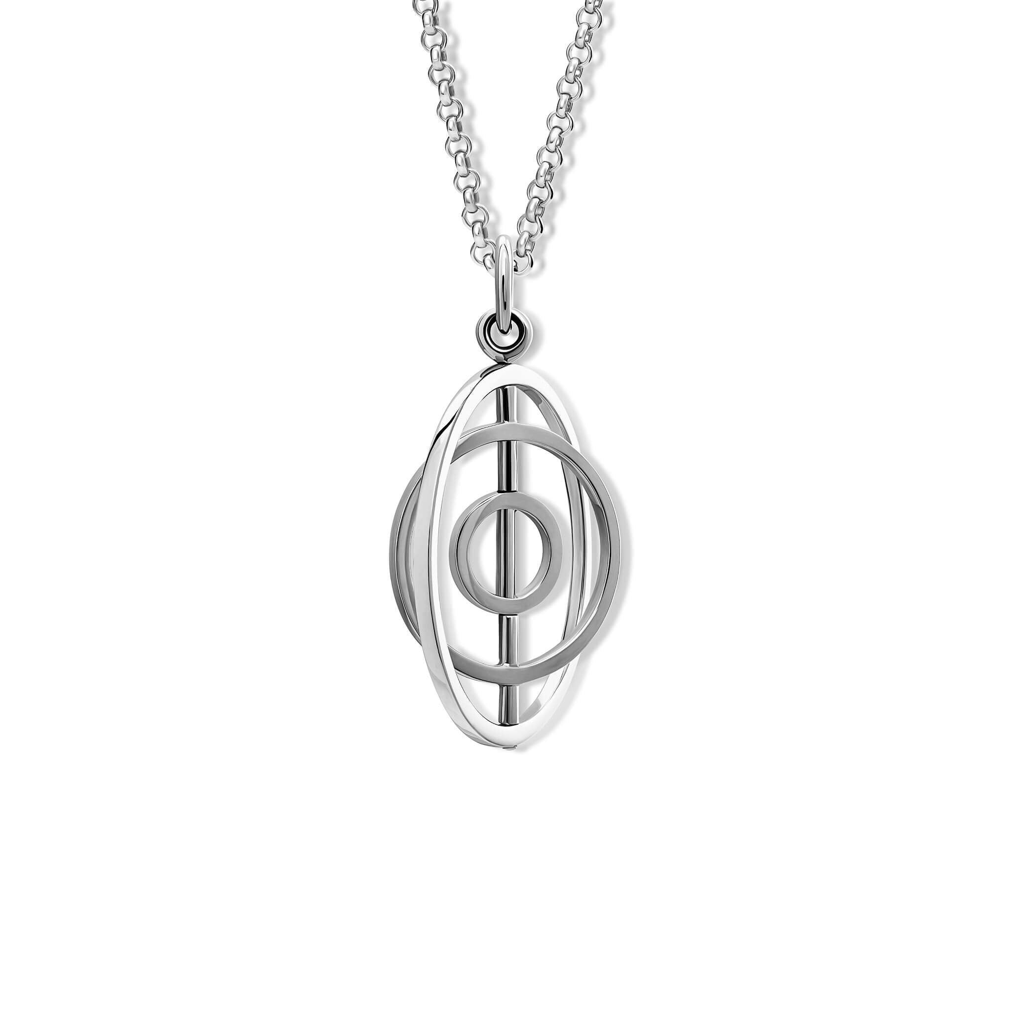 Handcrafted Gyroskop pendant in silver, the circles of the Gyroskop design spin around the central axis of the pendant.