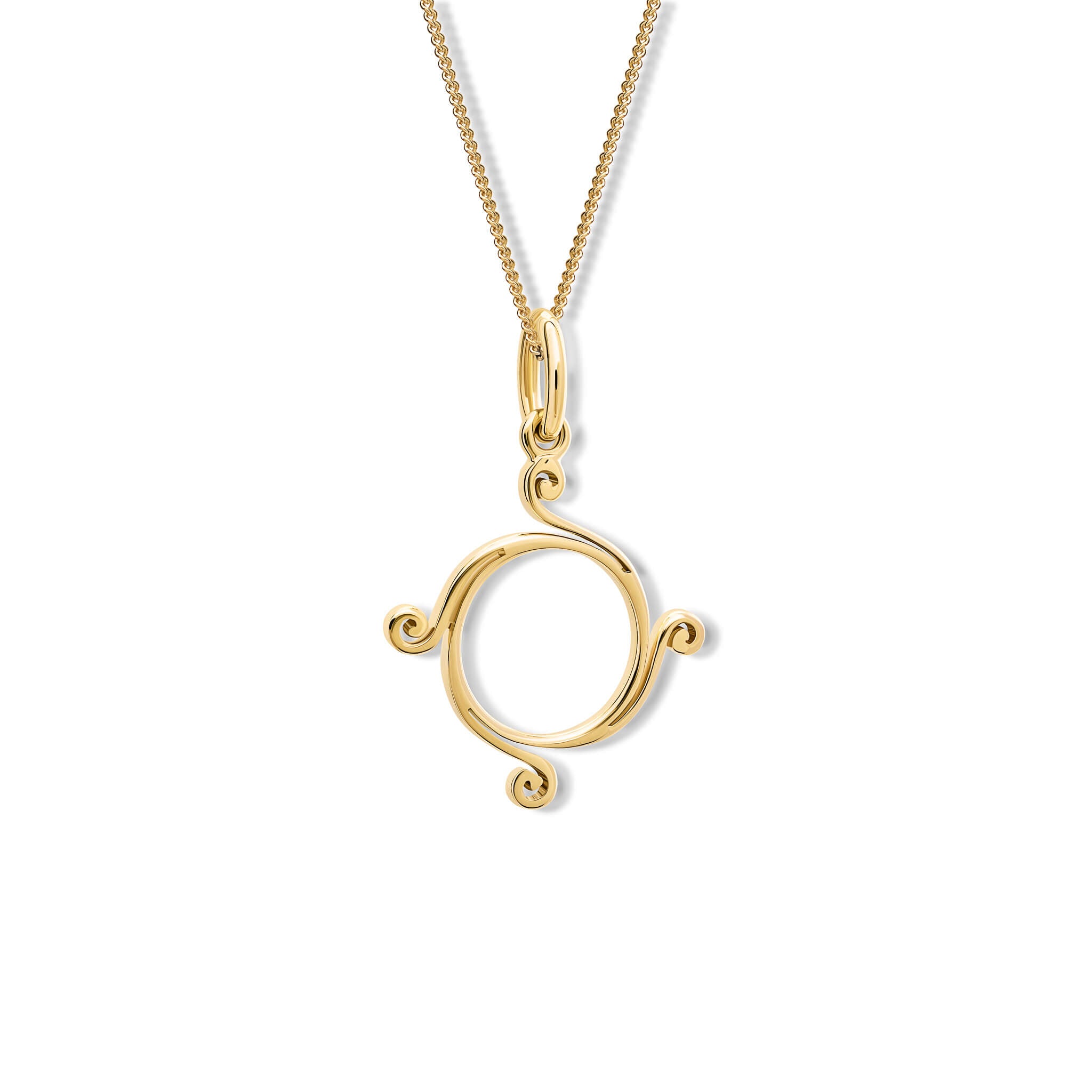 Handcrafted 9ct yellow gold small Athena necklace pendant with a circular shape and spiral at four points, hanging on gold chain.